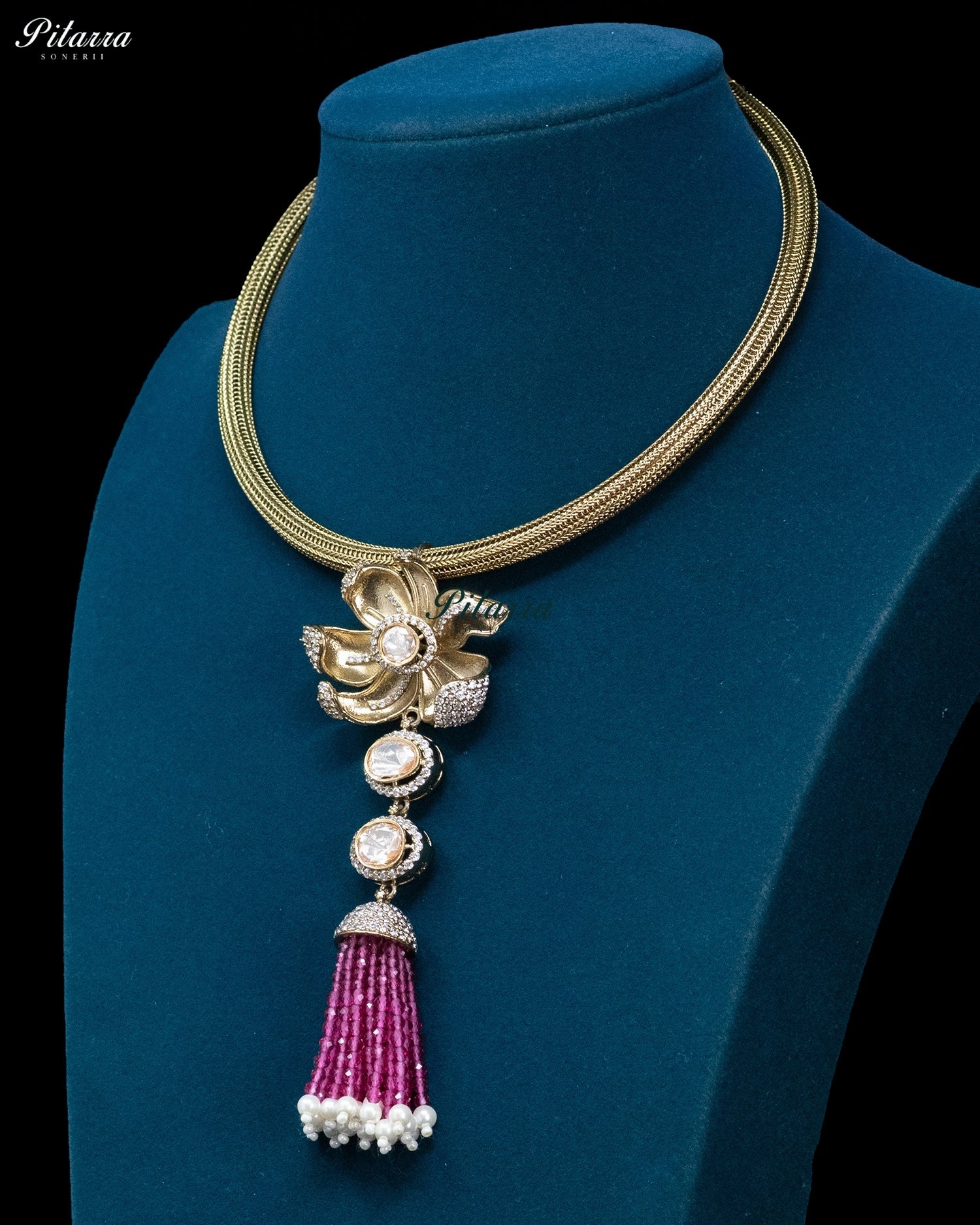 Pink Gold Floral Magenta Tassel Necklace Set