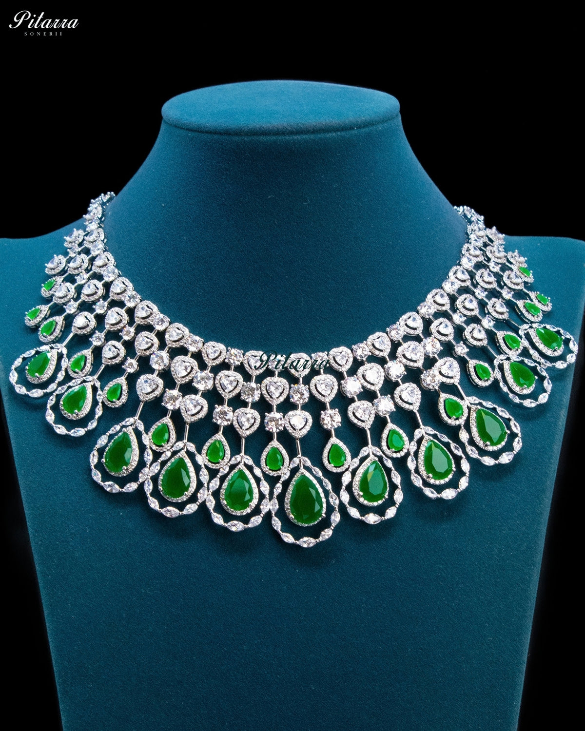 Emerald Green Pear Cut Stone Zircon Silver Crystal Statement Necklace Set