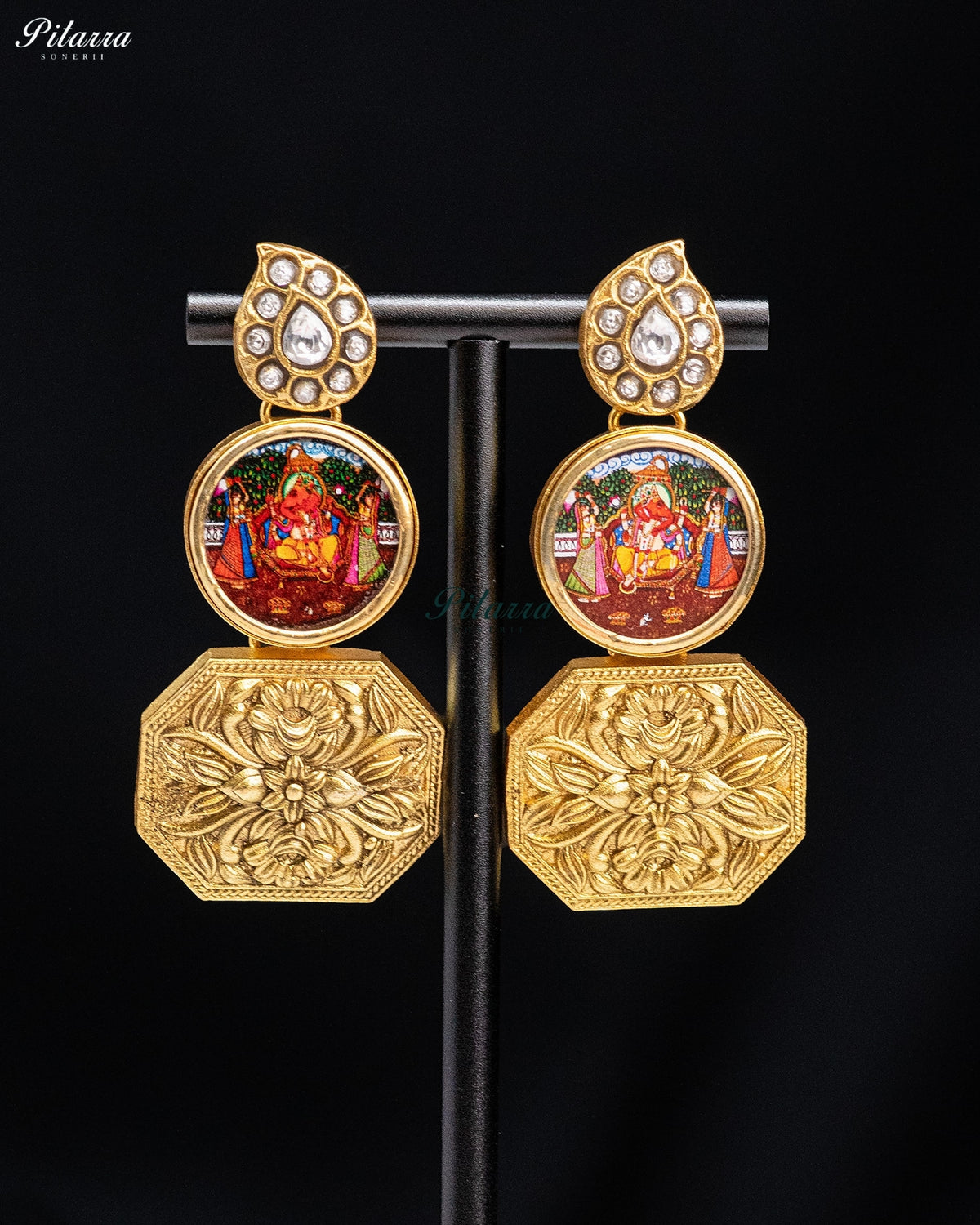 Ganesha Gold Tone Kundan Earrings