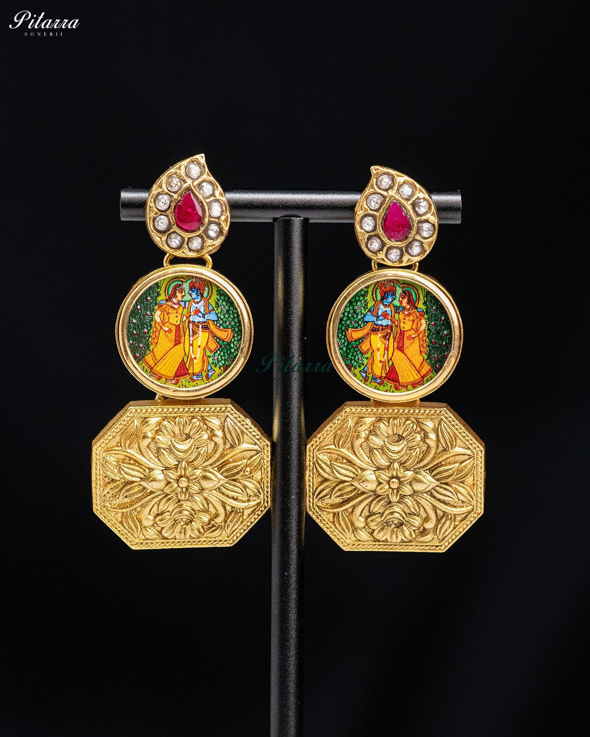 Radha Krishna Gold Tone Kundan Earrings