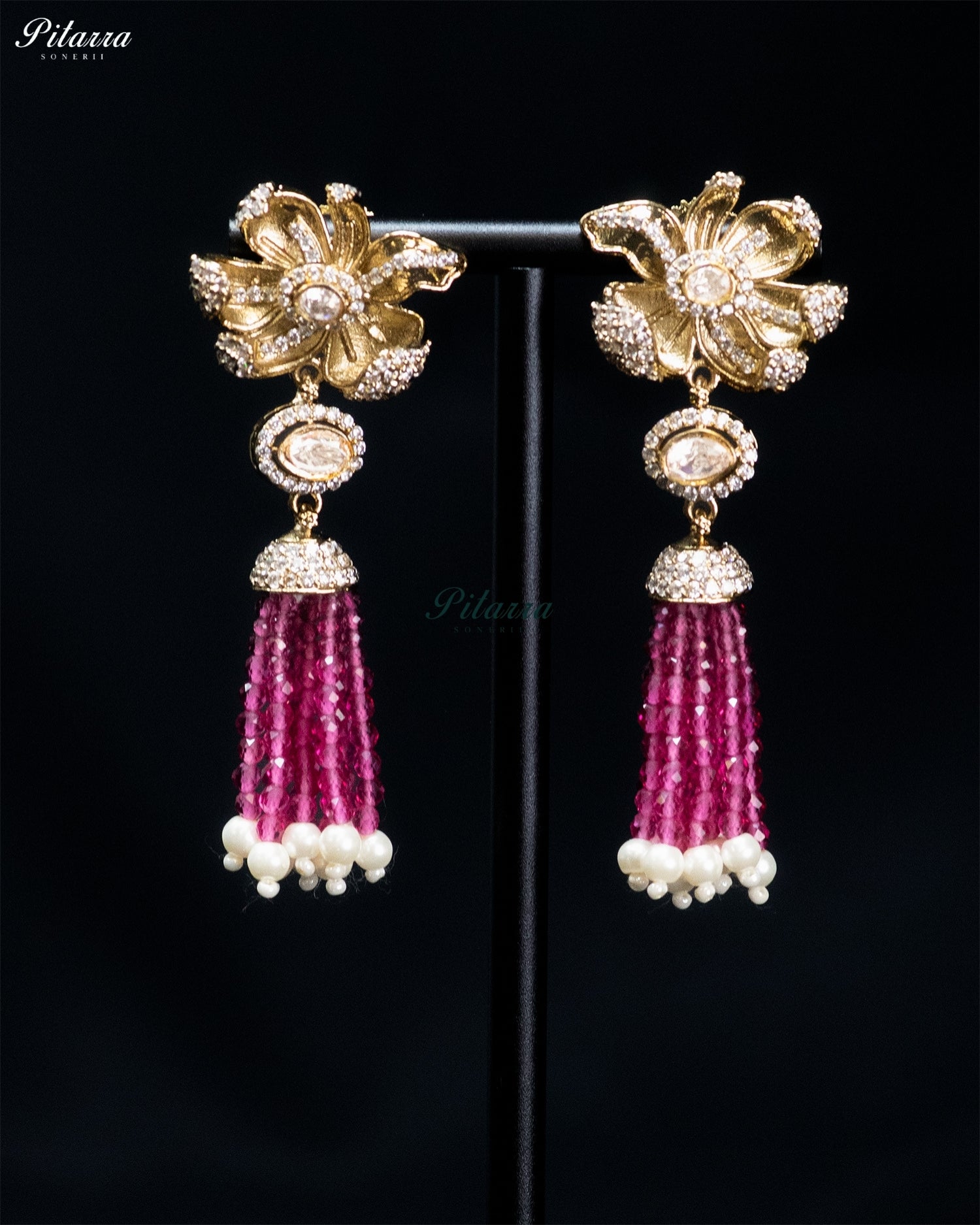 Pink Gold Floral Magenta Tassel Necklace Set