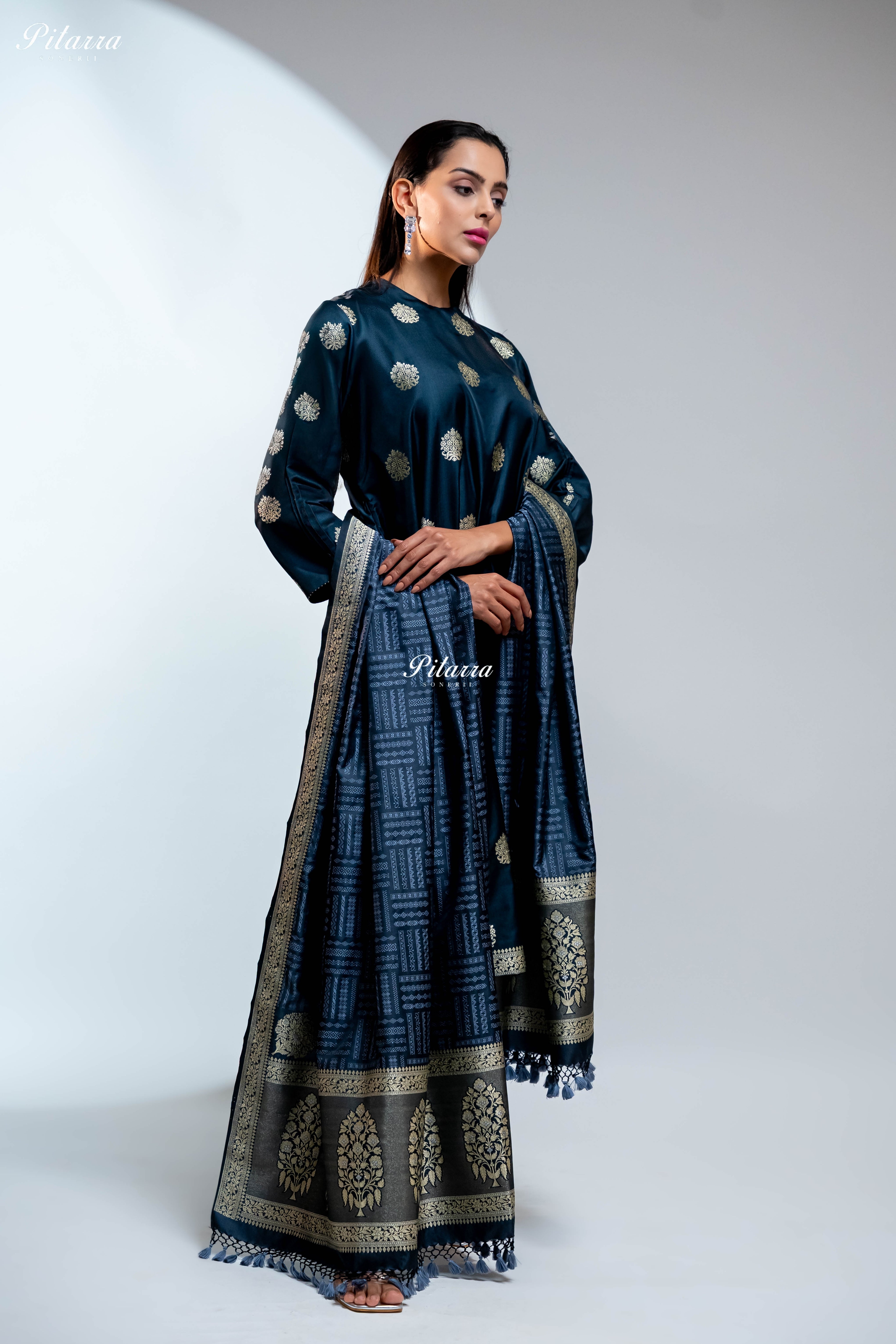 Navy Blue Silk Kurta Set with Gold Motifs and Matching Dupatta