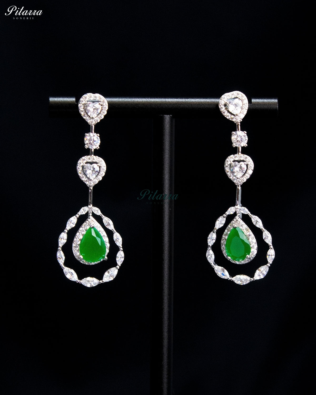 Emerald Green Pear Cut Stone Zircon Silver Crystal Statement Necklace Set