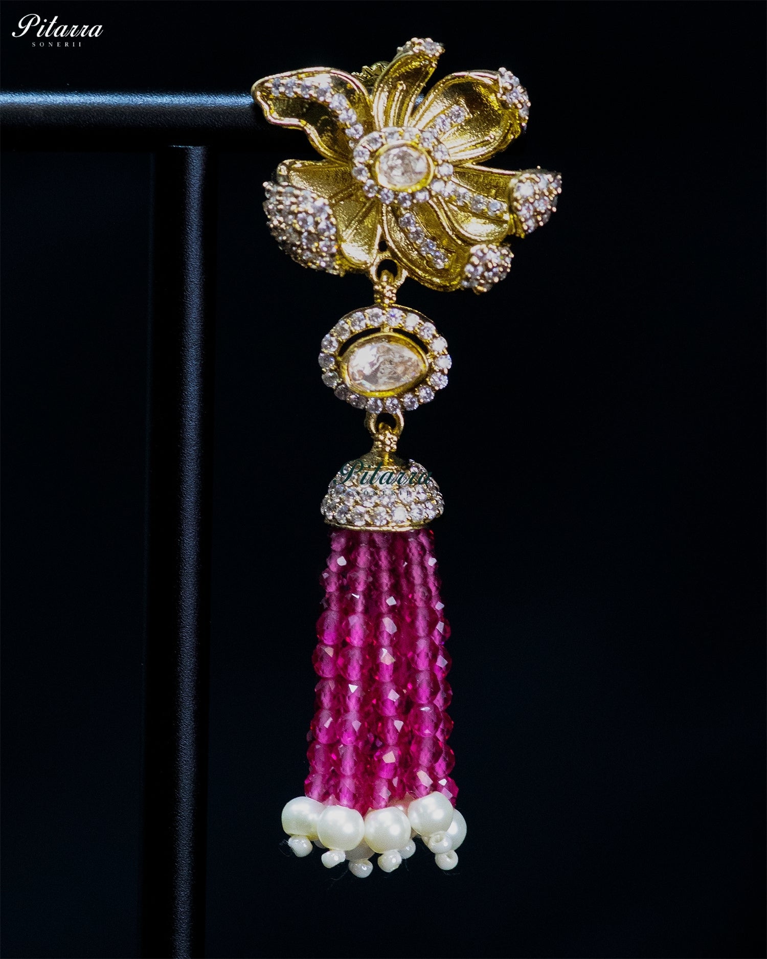 Pink Gold Floral Magenta Tassel Necklace Set