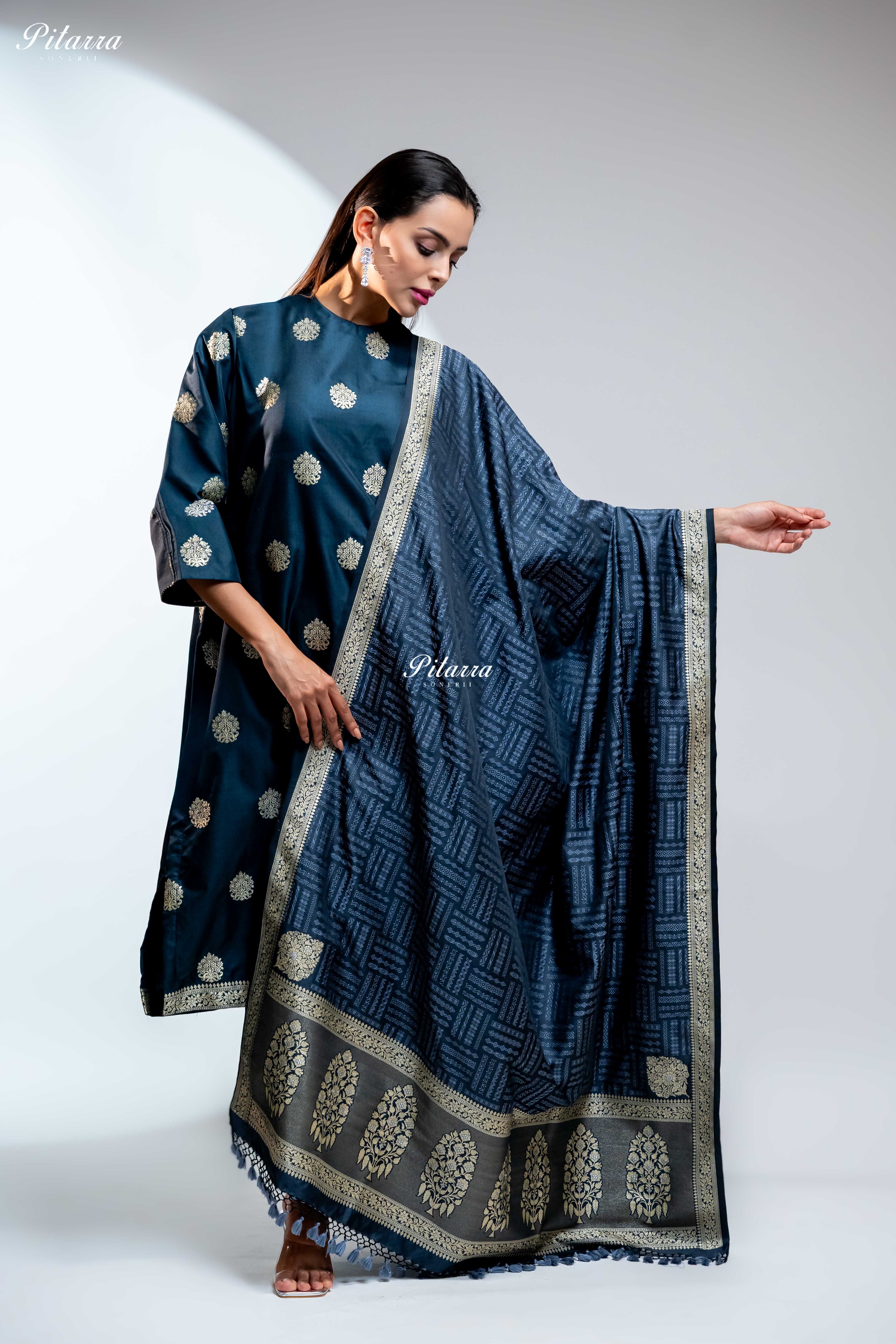 Navy Blue Silk Kurta Set with Gold Motifs and Matching Dupatta