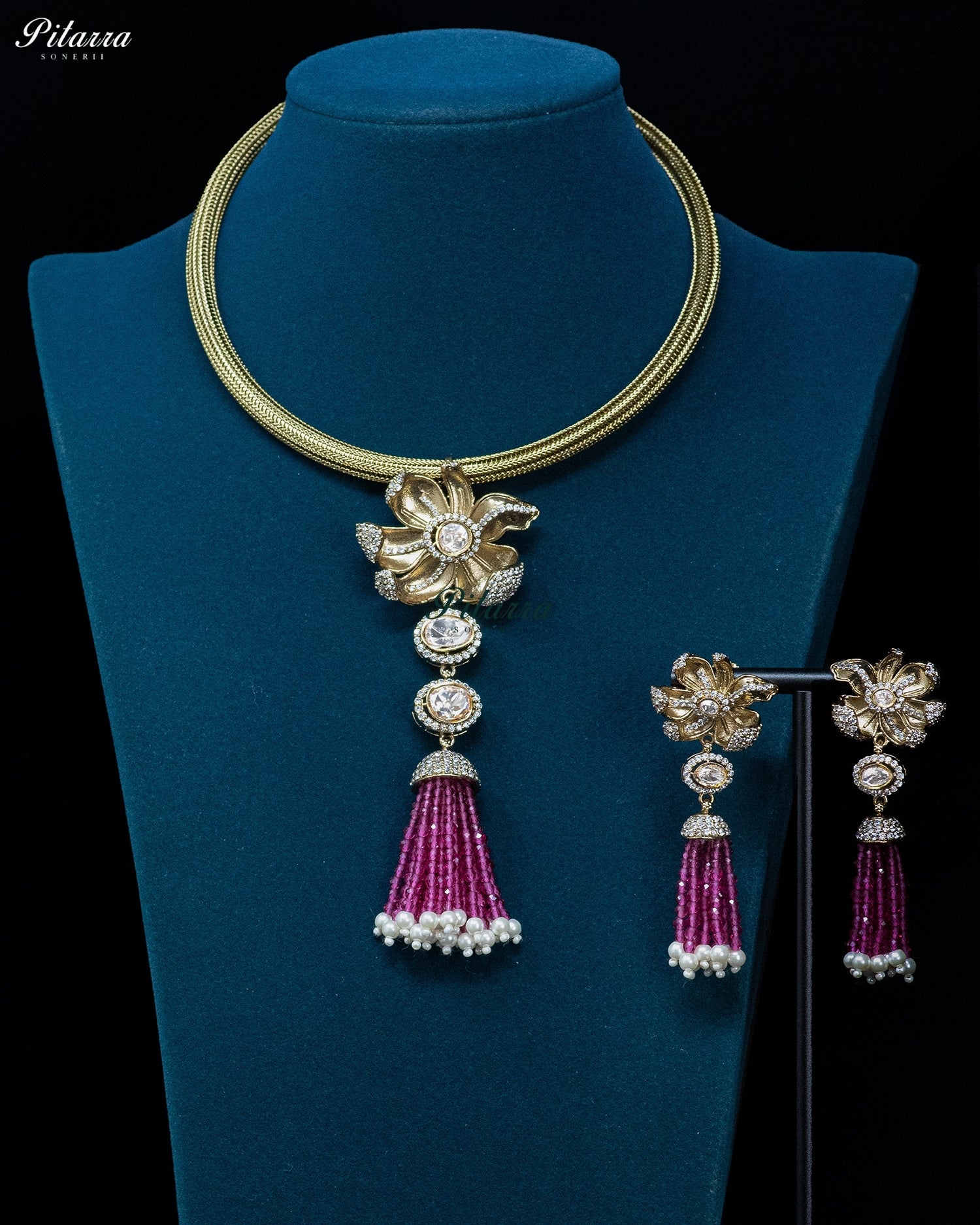 Pink Gold Floral Magenta Tassel Necklace Set