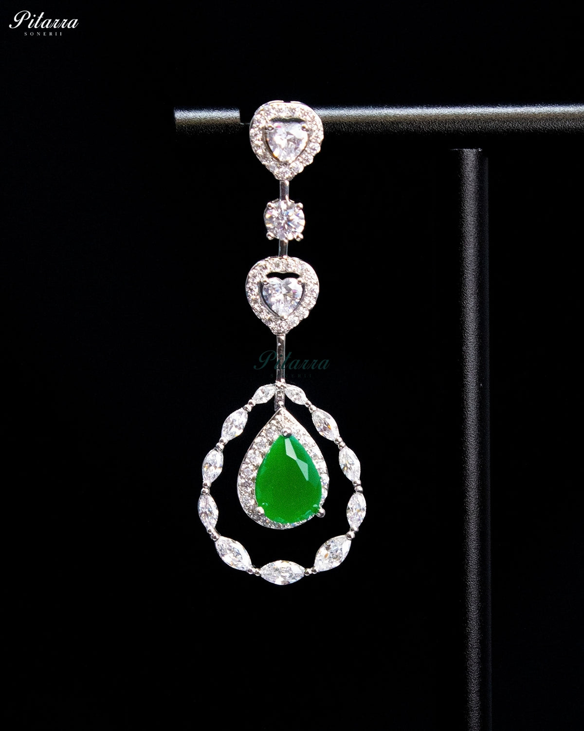 Emerald Green Pear Cut Stone Zircon Silver Crystal Statement Necklace Set