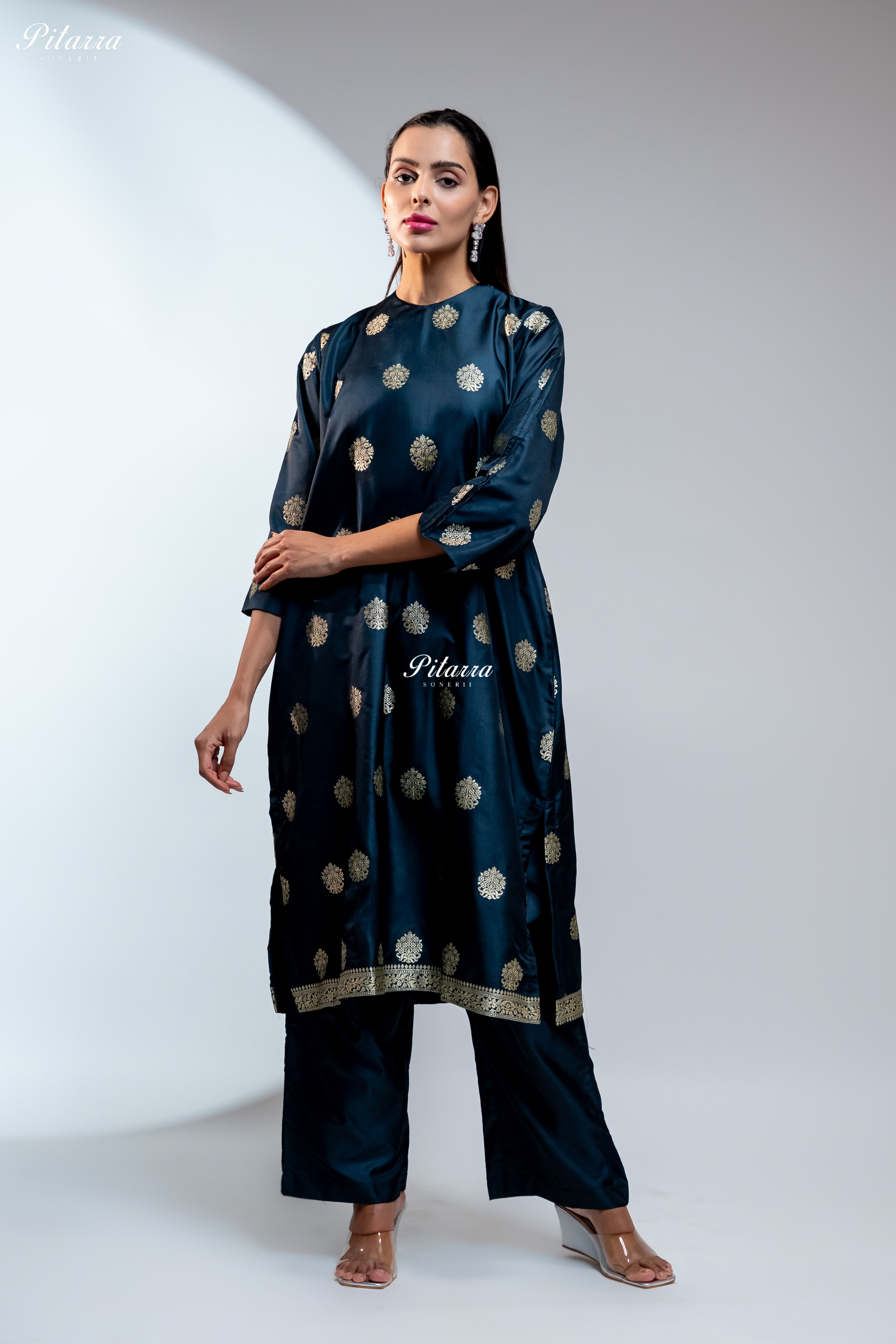 Navy Blue Silk Kurta Set with Gold Motifs and Matching Dupatta
