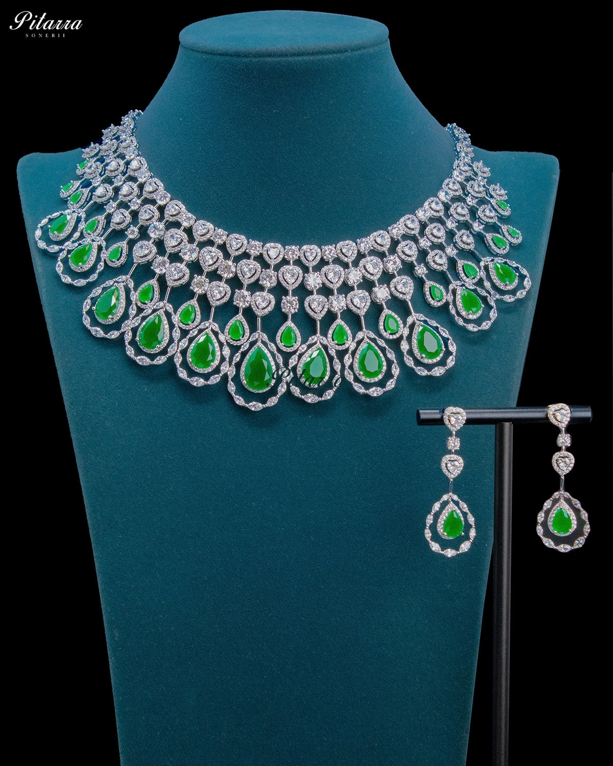 Emerald Green Pear Cut Stone Zircon Silver Crystal Statement Necklace Set