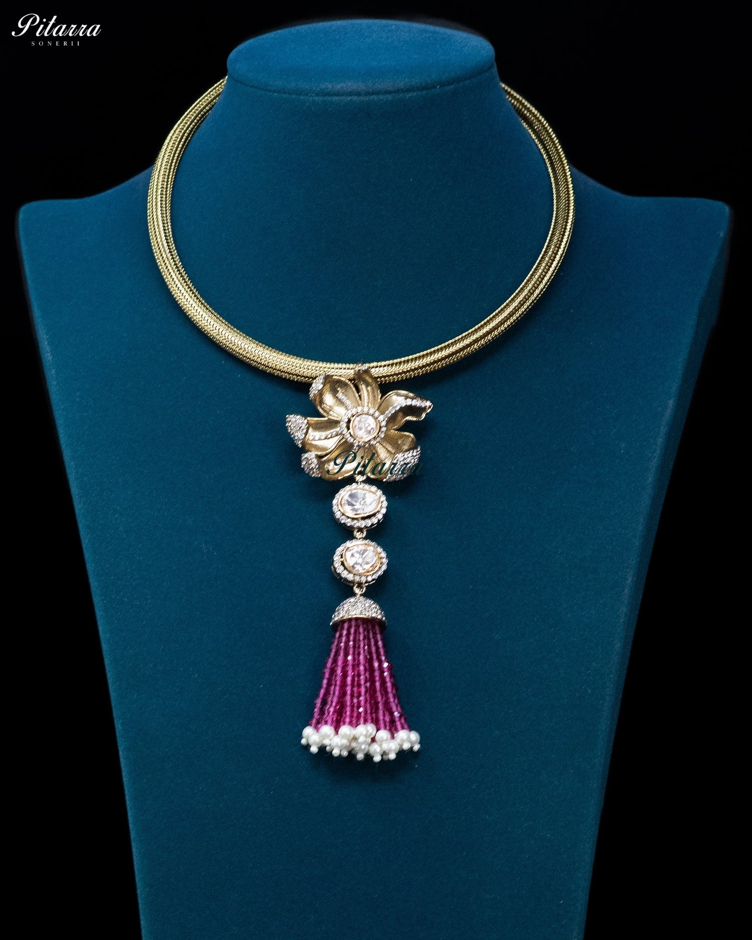 Pink Gold Floral Magenta Tassel Necklace Set