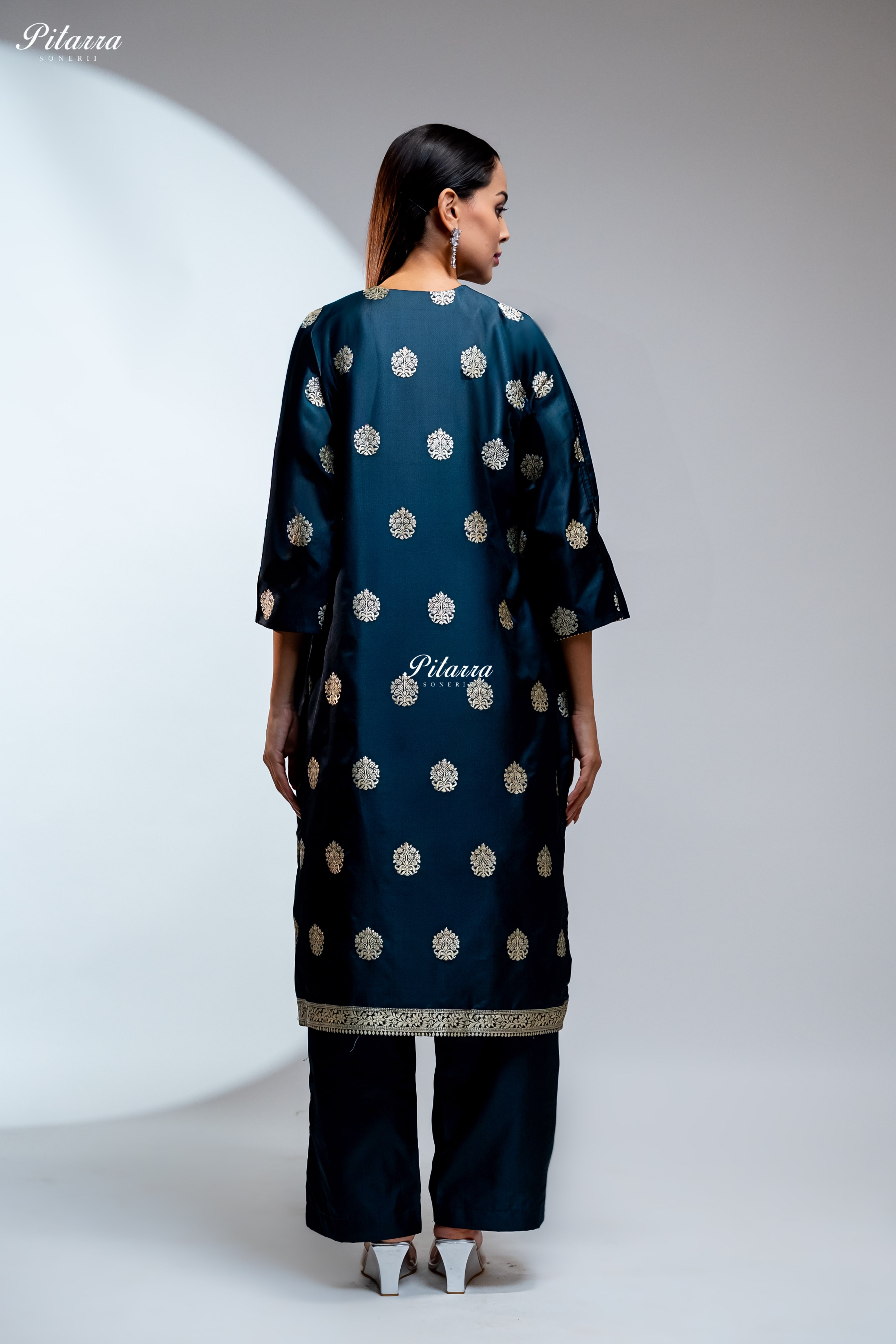 Navy Blue Silk Kurta Set with Gold Motifs and Matching Dupatta