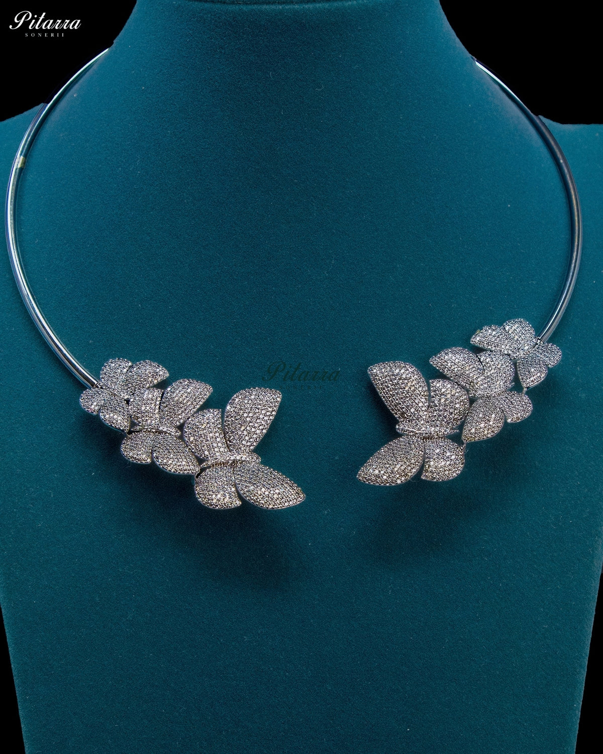 Silver Zircon Butterfly Floral Statement Collar Necklace Set