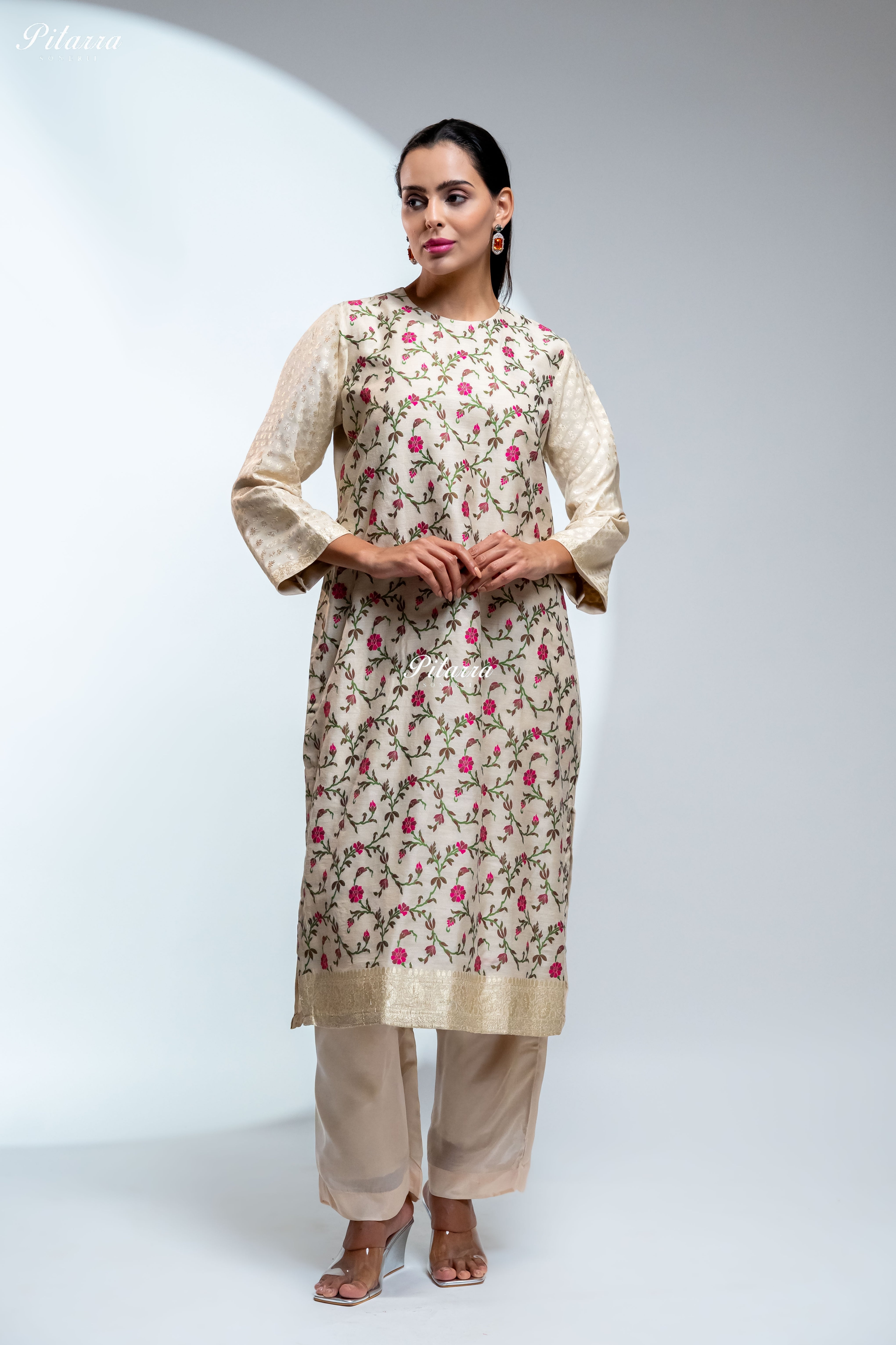 Ivory Floral Embroidered Kurta Set with Matching Pants and Printed Dupatta