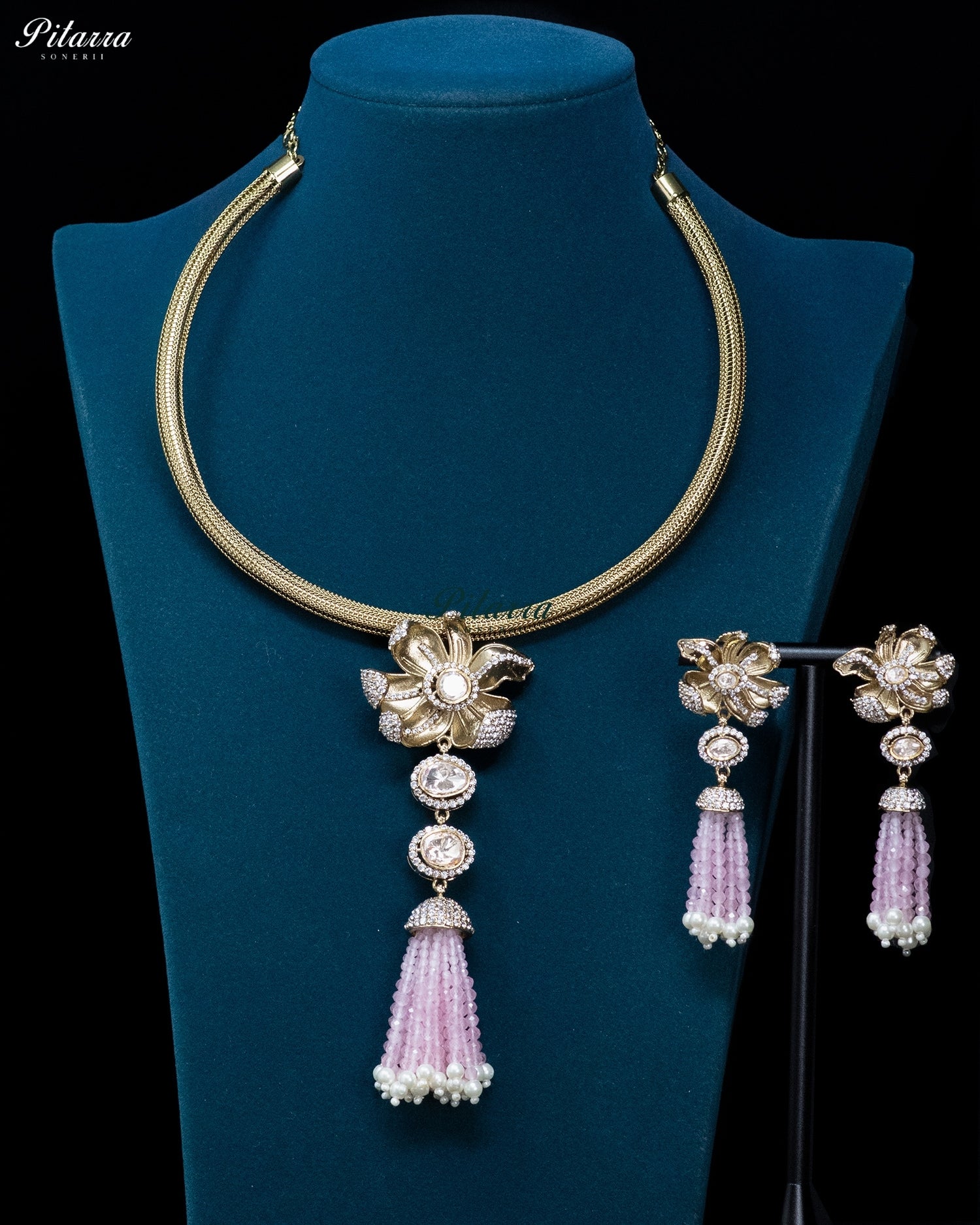Light Pink Gold Floral Pink Tassel Necklace Set