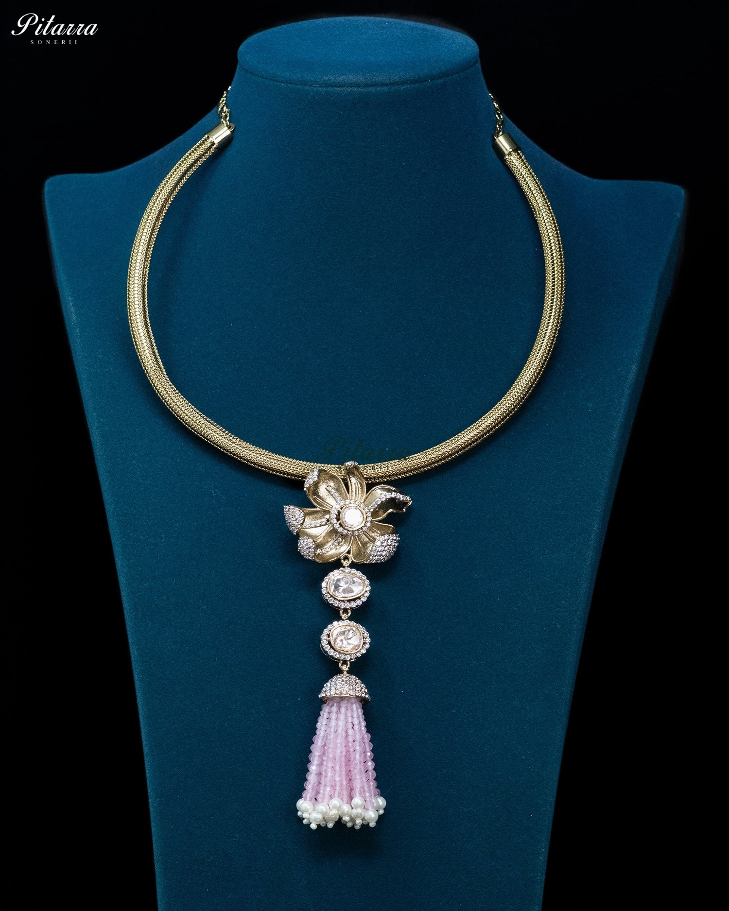 Light Pink Gold Floral Pink Tassel Necklace Set