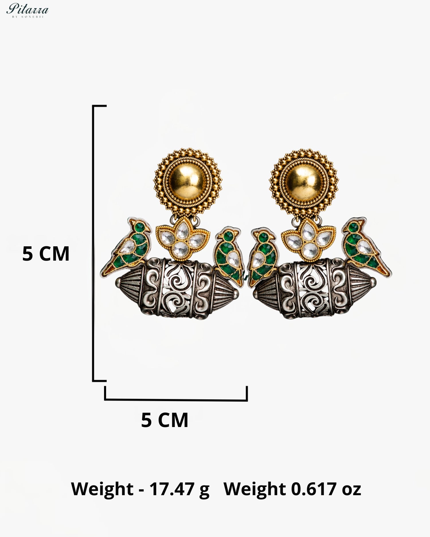 Green Parrot Motif Silver Look-Alike Statement Earrings