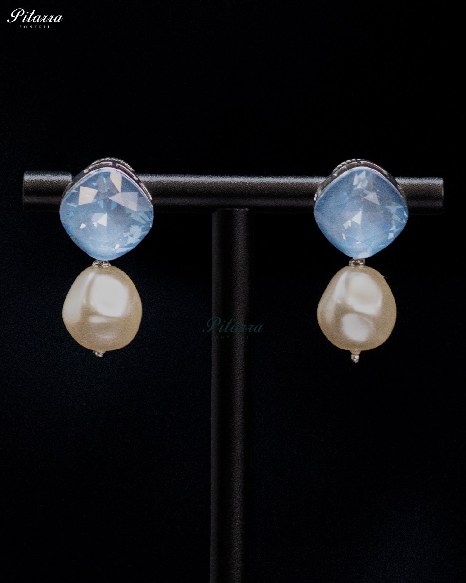 Ice Blue Crystal Pearl Drop Earrings