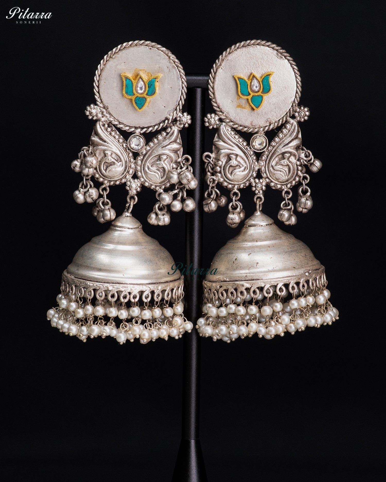 Lotus Motif Silver Look-Alike Pearl Jhumka Earrings