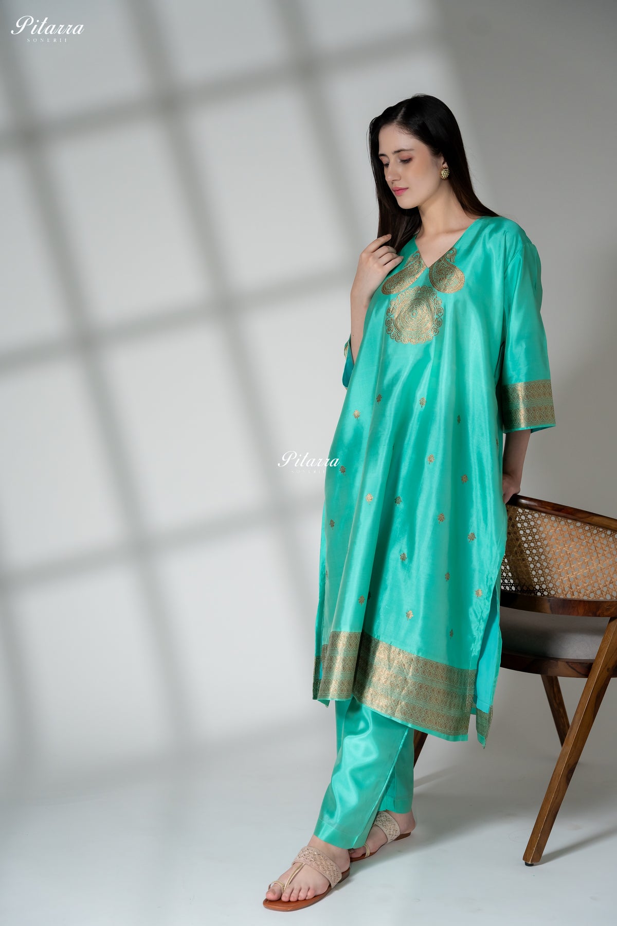 Turquoise Blue Gold Zari Embroidered Kurta Palazzo Set