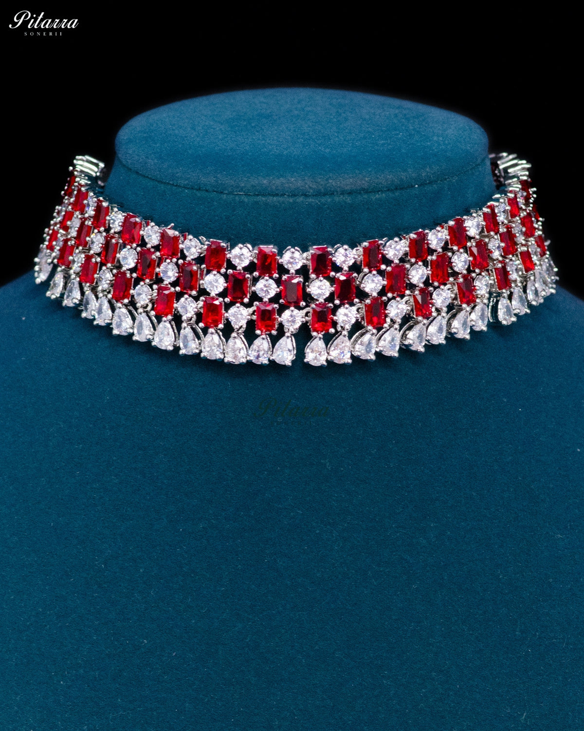 Ruby Red Emerald Cut Stone Zircon Silver Crystal Choker Necklace Set