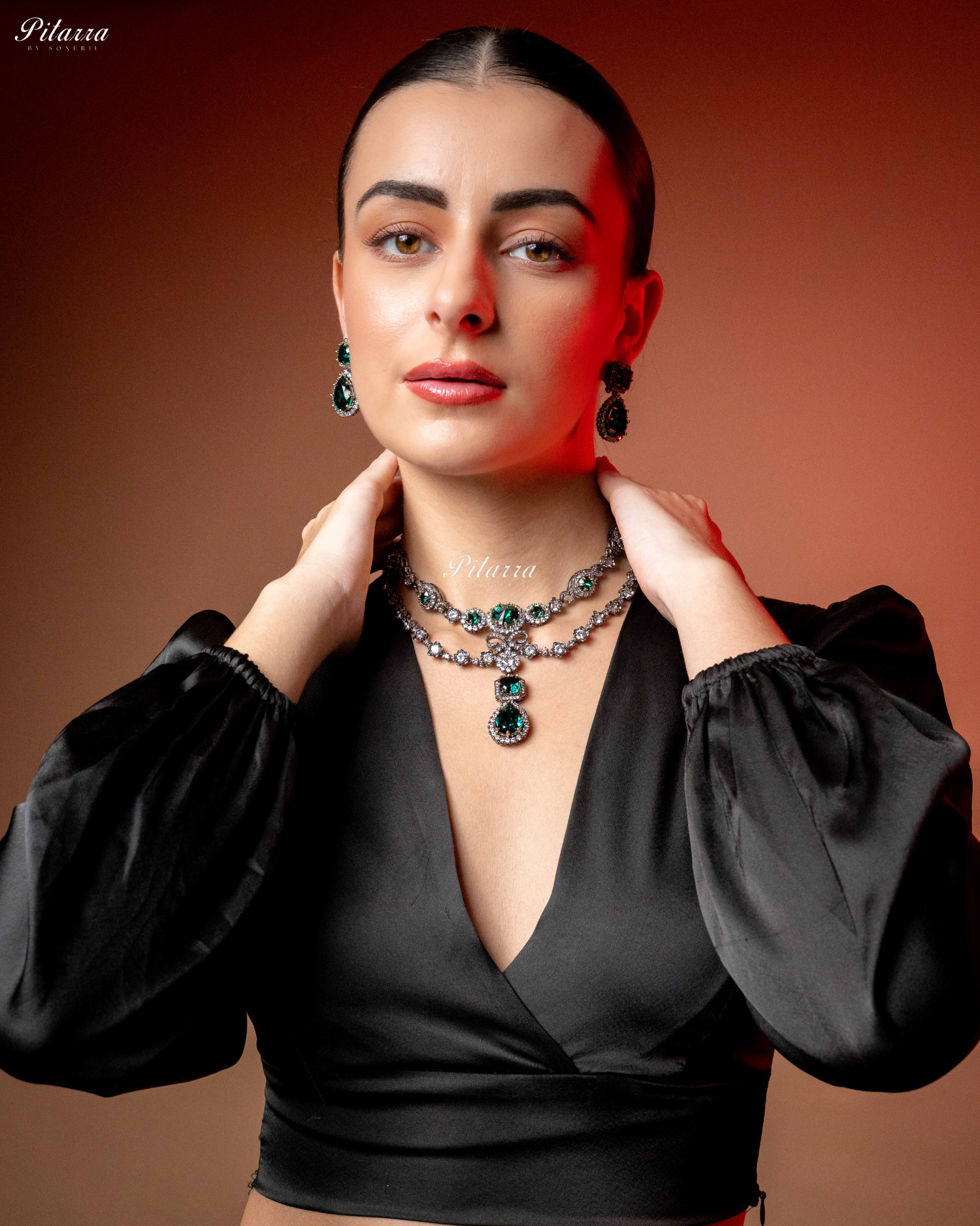Emerald Two Layer Silver CZ victorian black polish Necklace Set