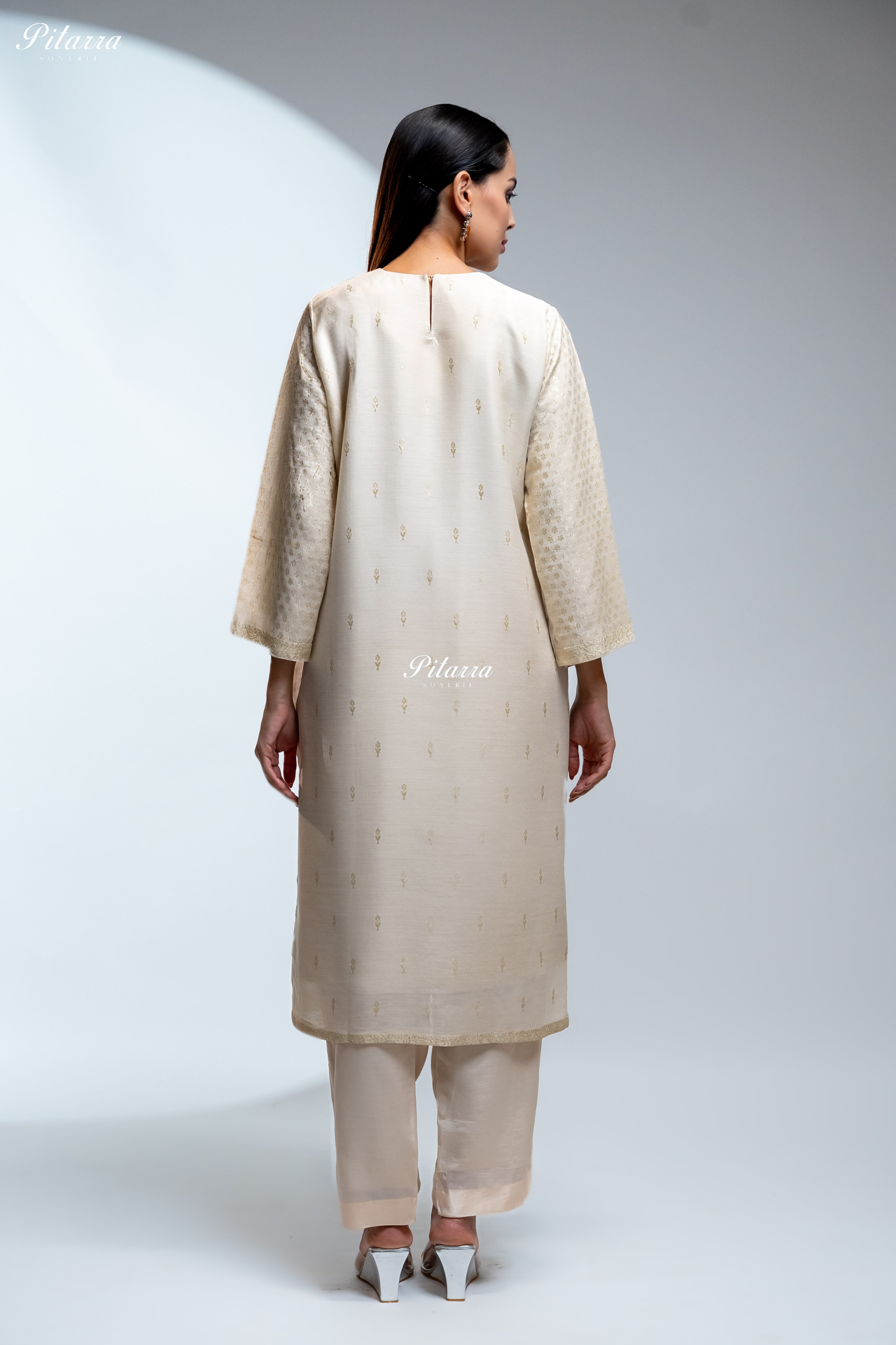 Ivory Floral Embroidered Kurta Set with Matching Pants and Printed Dupatta