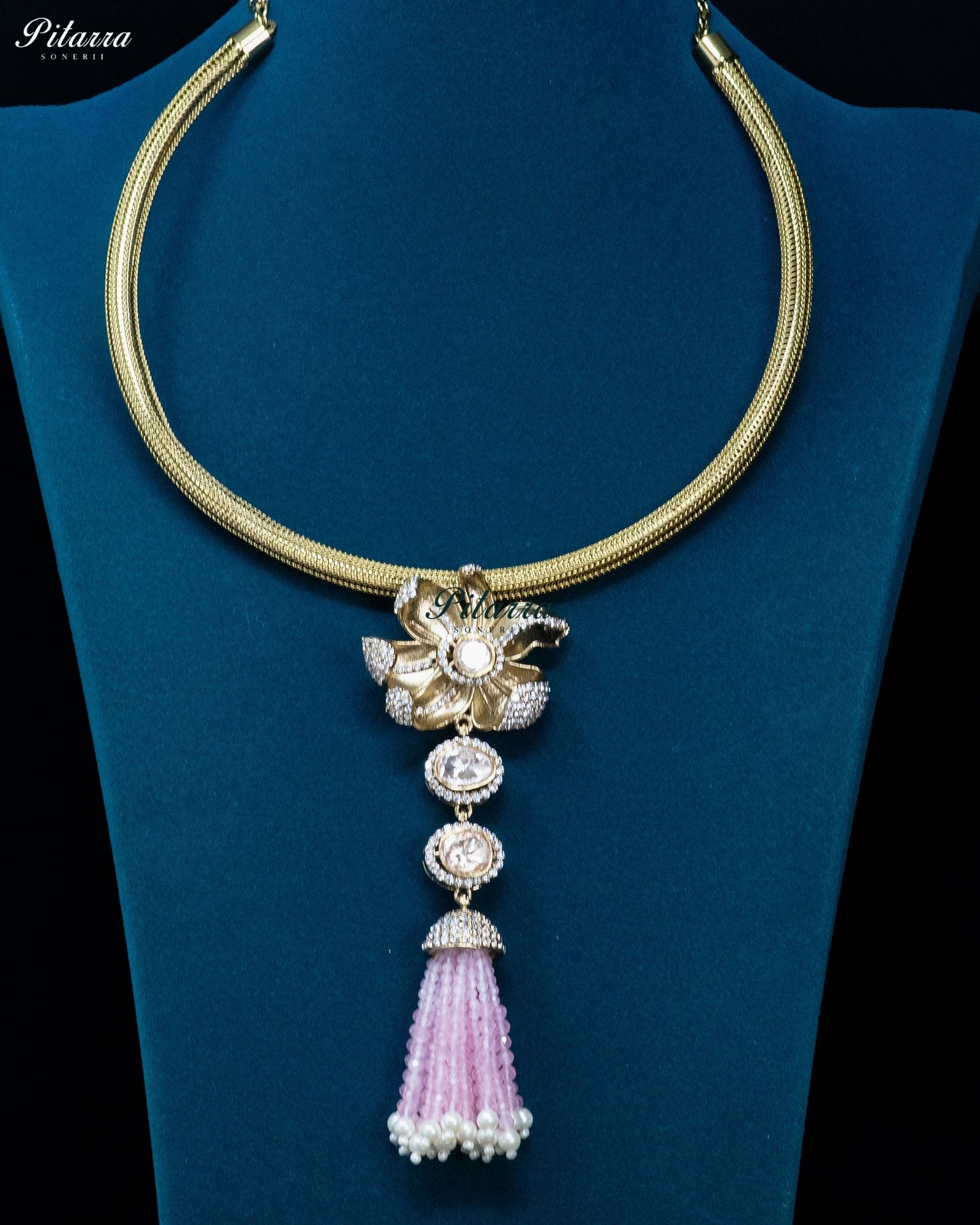 Light Pink Gold Floral Pink Tassel Necklace Set