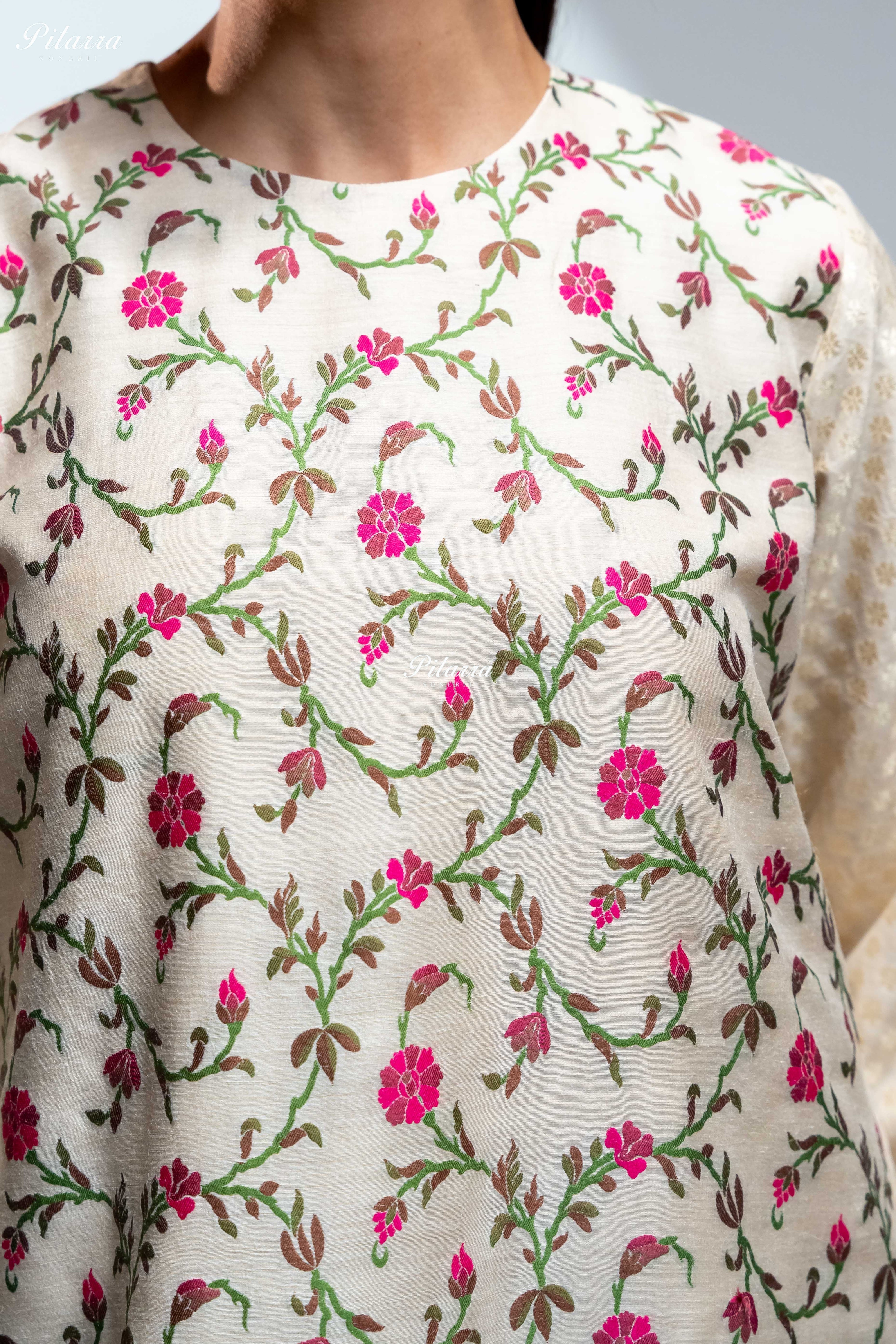 Ivory Floral Embroidered Kurta Set with Matching Pants and Printed Dupatta