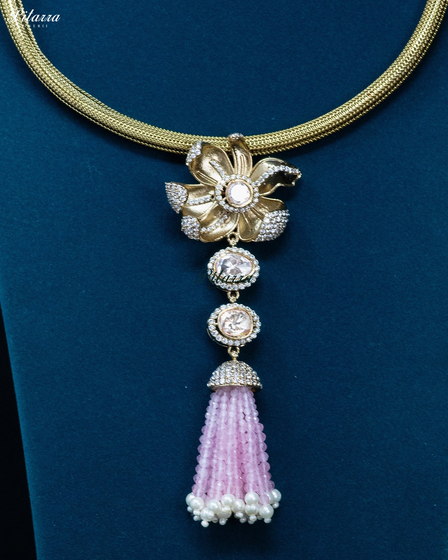 Light Pink Gold Floral Pink Tassel Necklace Set