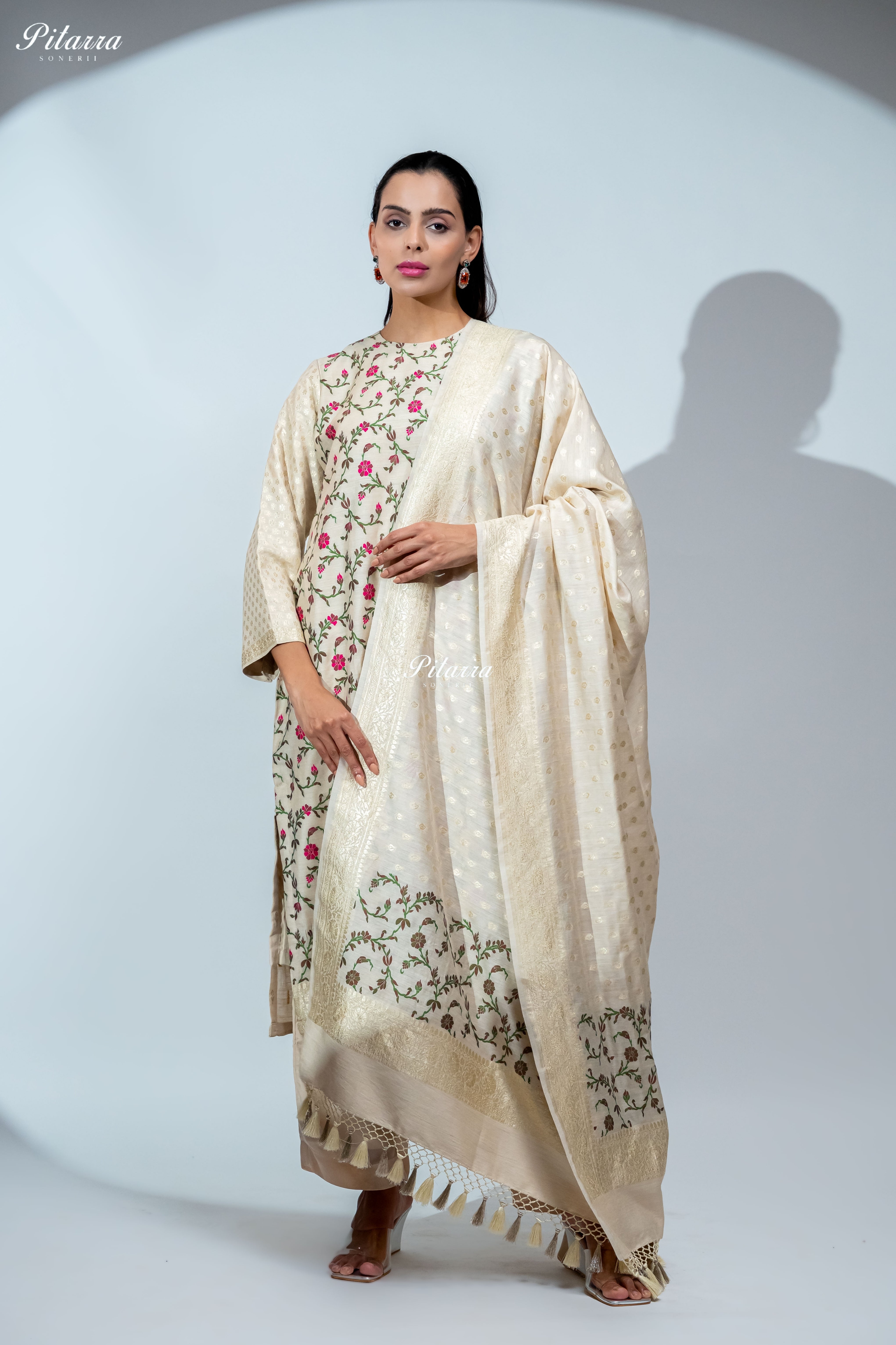 Ivory Floral Embroidered Kurta Set with Matching Pants and Printed Dupatta