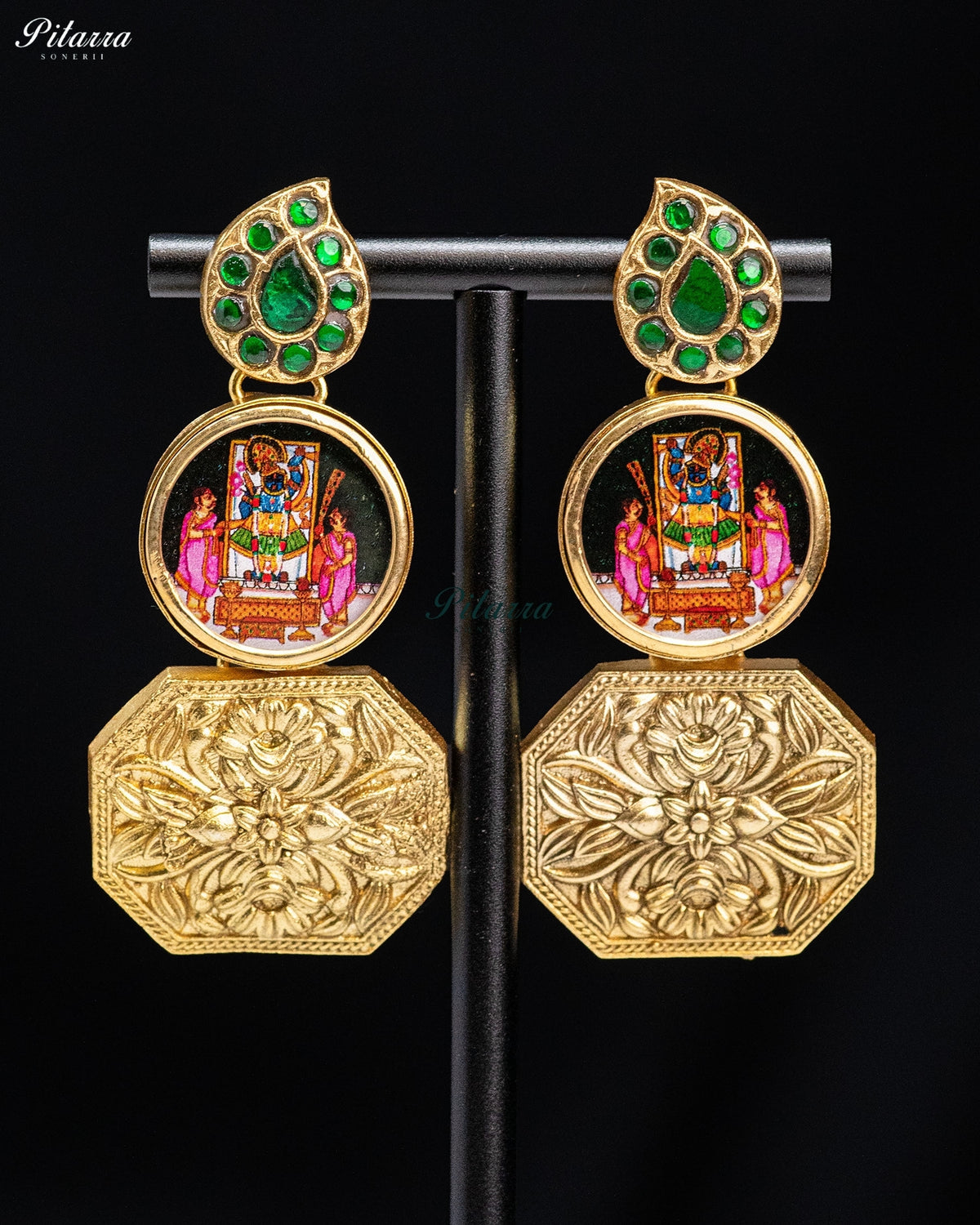 Temple Green Gold Tone Kundan Earrings