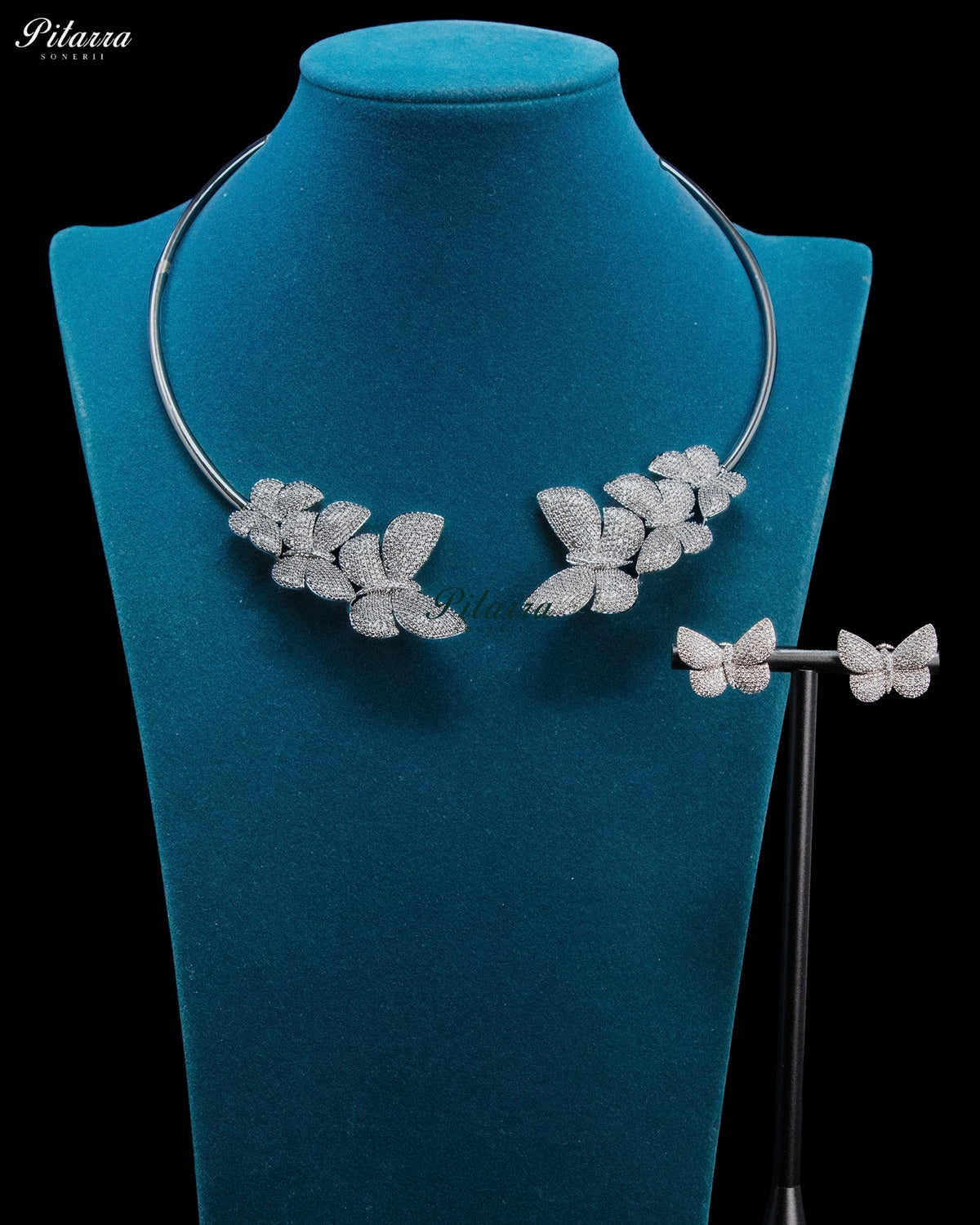 Silver Zircon Butterfly Floral Statement Collar Necklace Set