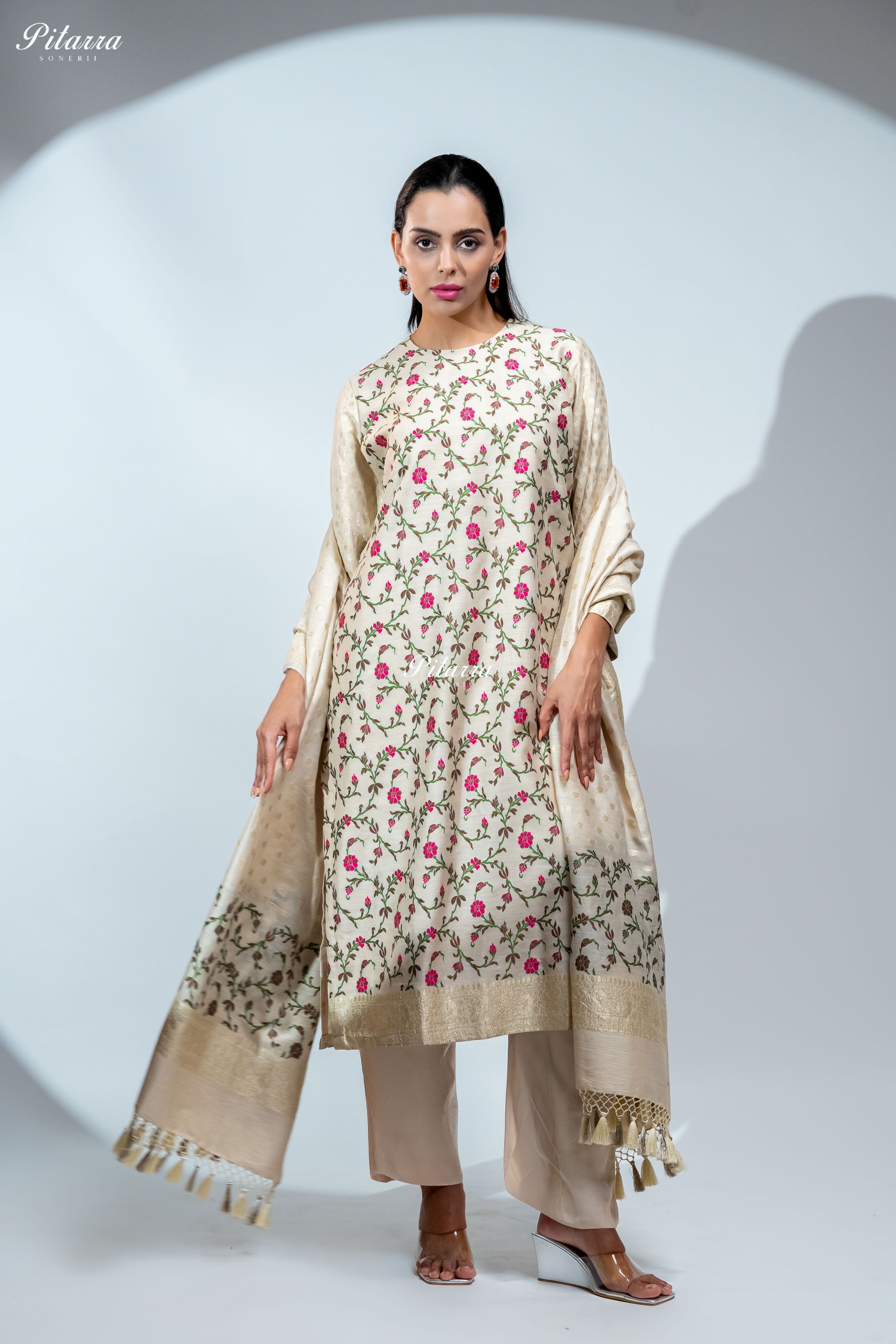 Ivory Floral Embroidered Kurta Set with Matching Pants and Printed Dupatta