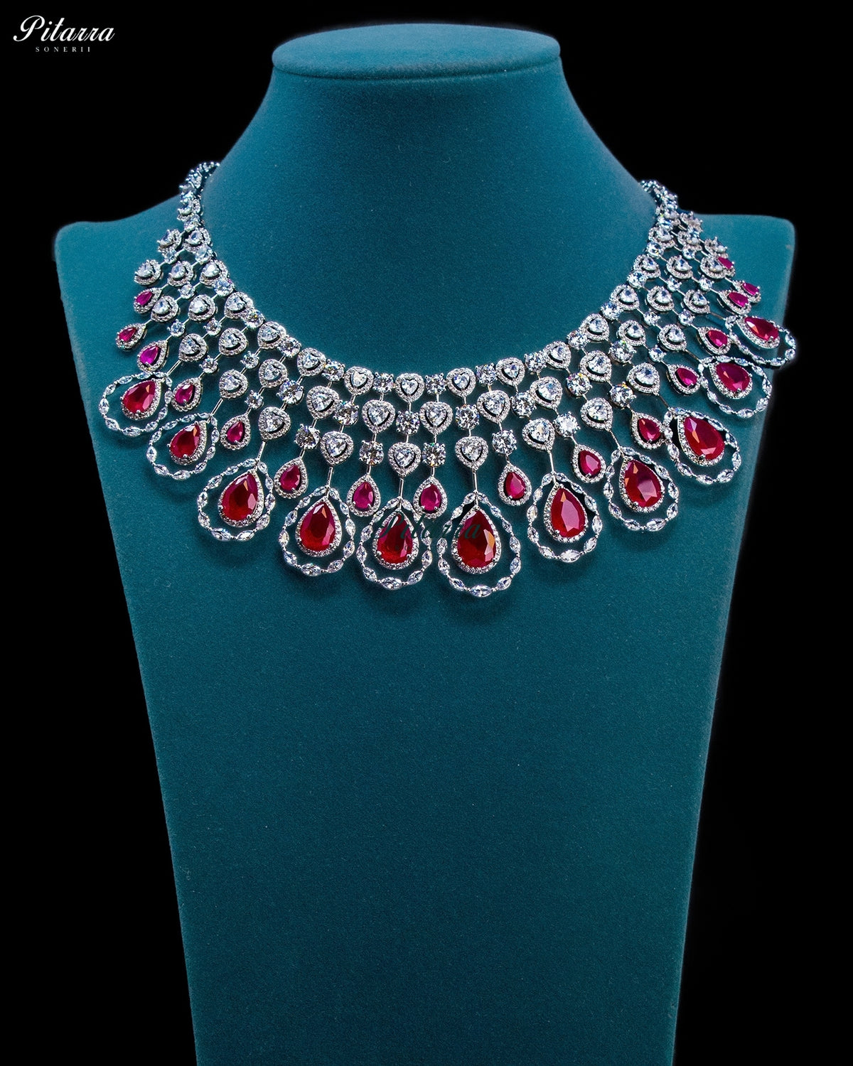Pink Pear Cut Stone Zircon Silver Crystal Statement Necklace Set