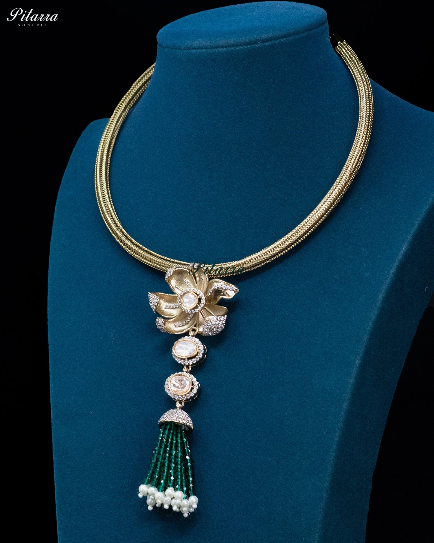 Green Gold Floral Green Tassel Necklace Set
