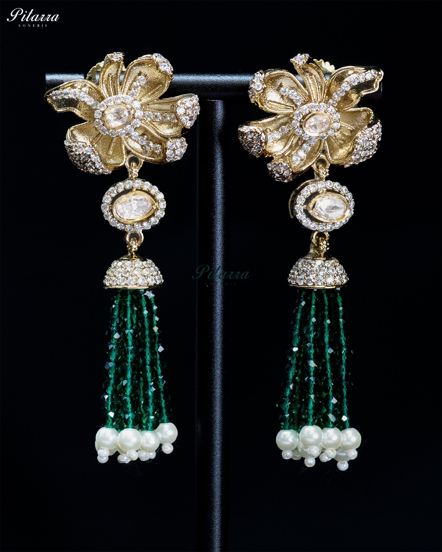 Green Gold Floral Green Tassel Necklace Set