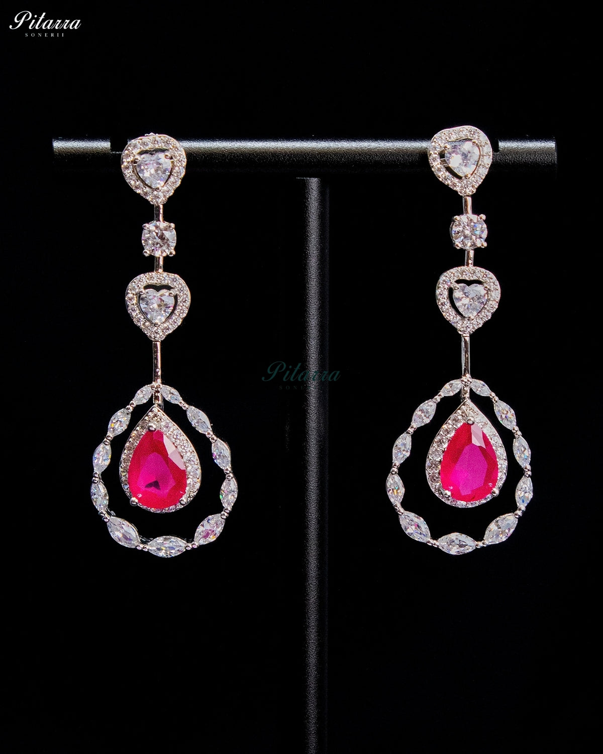 Pink Pear Cut Stone Zircon Silver Crystal Statement Necklace Set