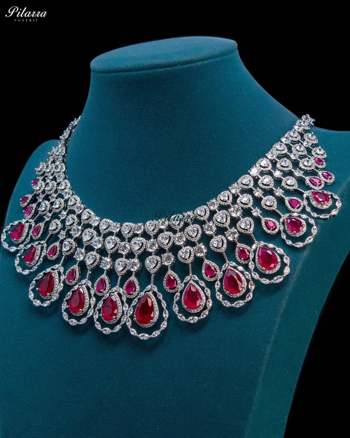 Pink Pear Cut Stone Zircon Silver Crystal Statement Necklace Set