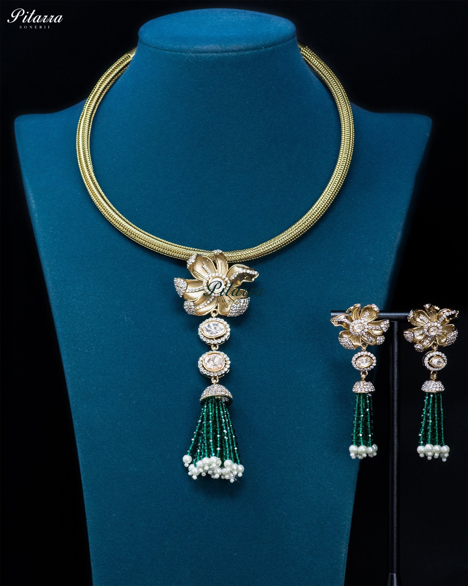 Green Gold Floral Green Tassel Necklace Set