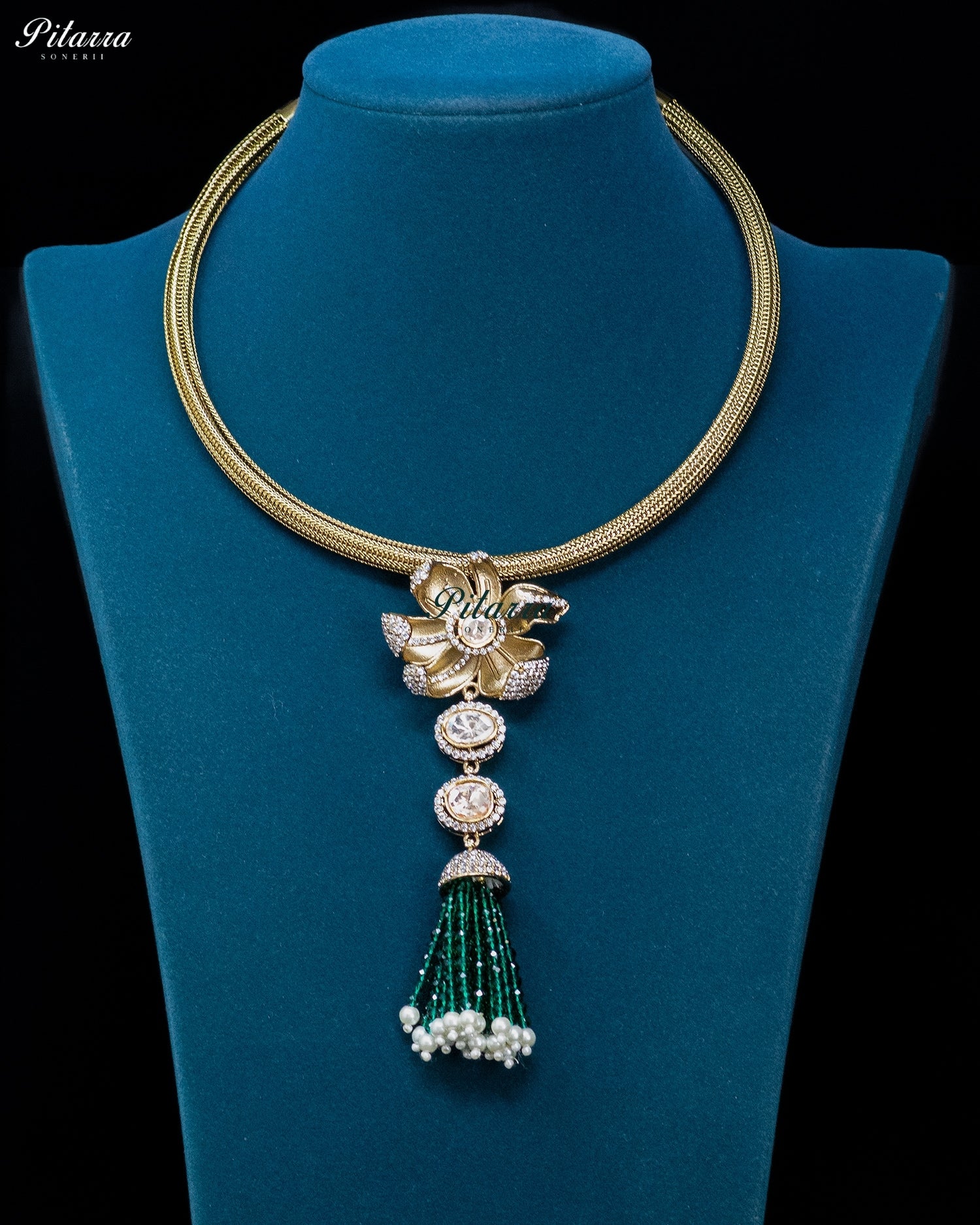 Green Gold Floral Green Tassel Necklace Set