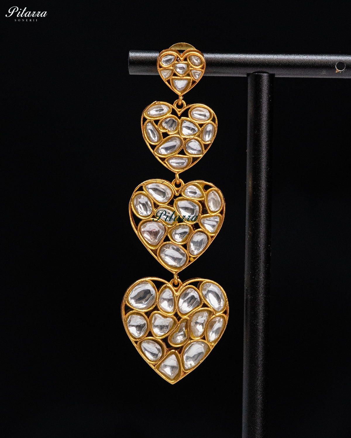 White Kundan Triple Heart Drop Earrings