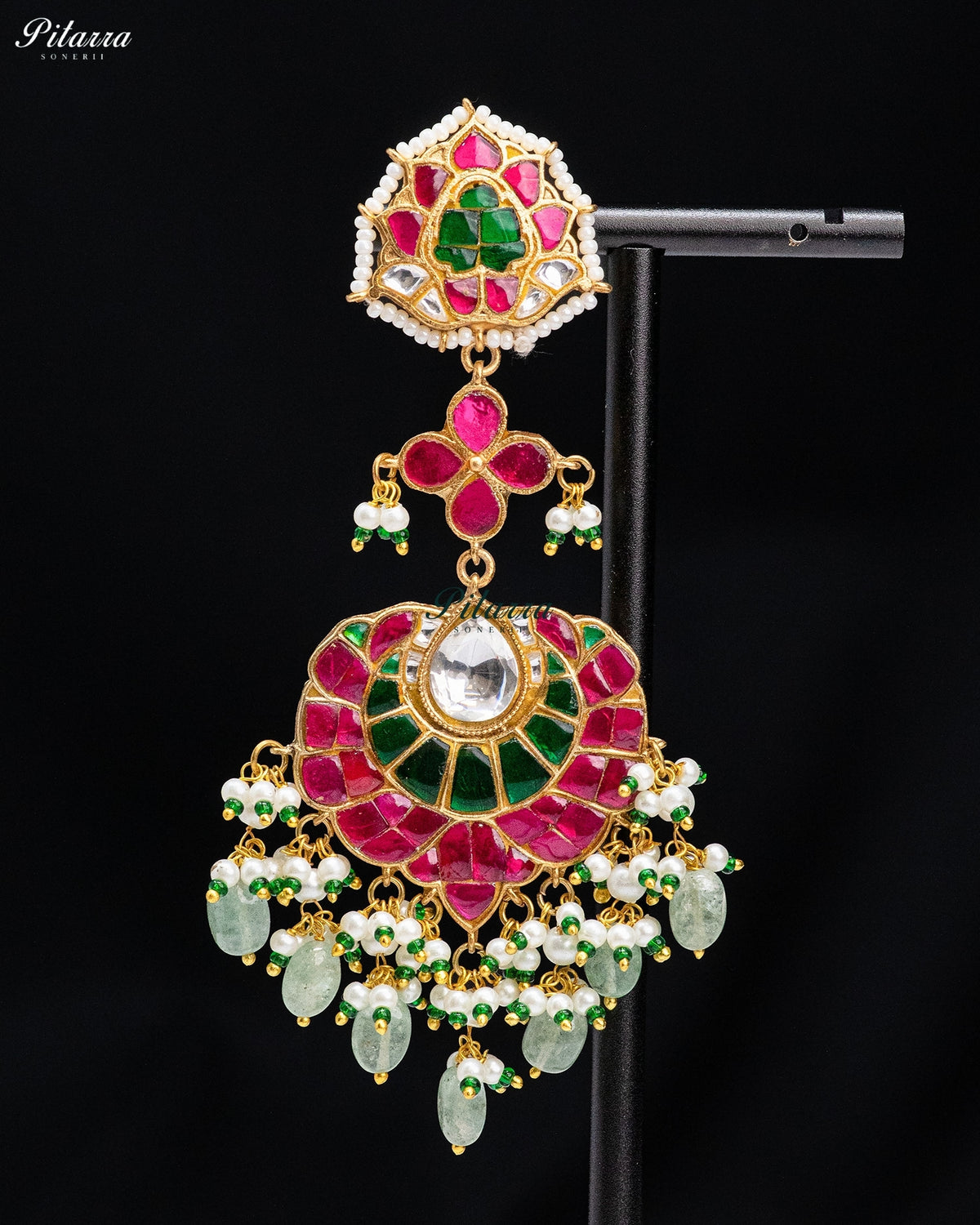 Pink Green Kundan Chandbali Drop Earrings