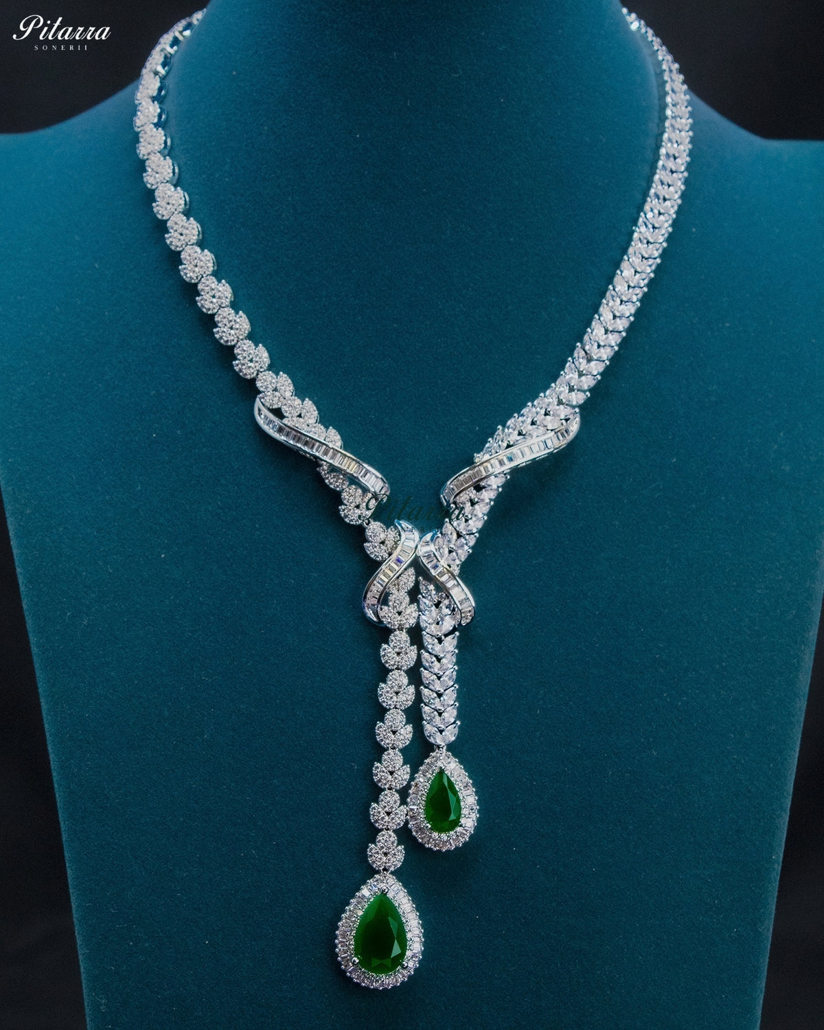 Emerald Green Pear Cut Stone Zircon Silver Crystal Lariat Necklace Set