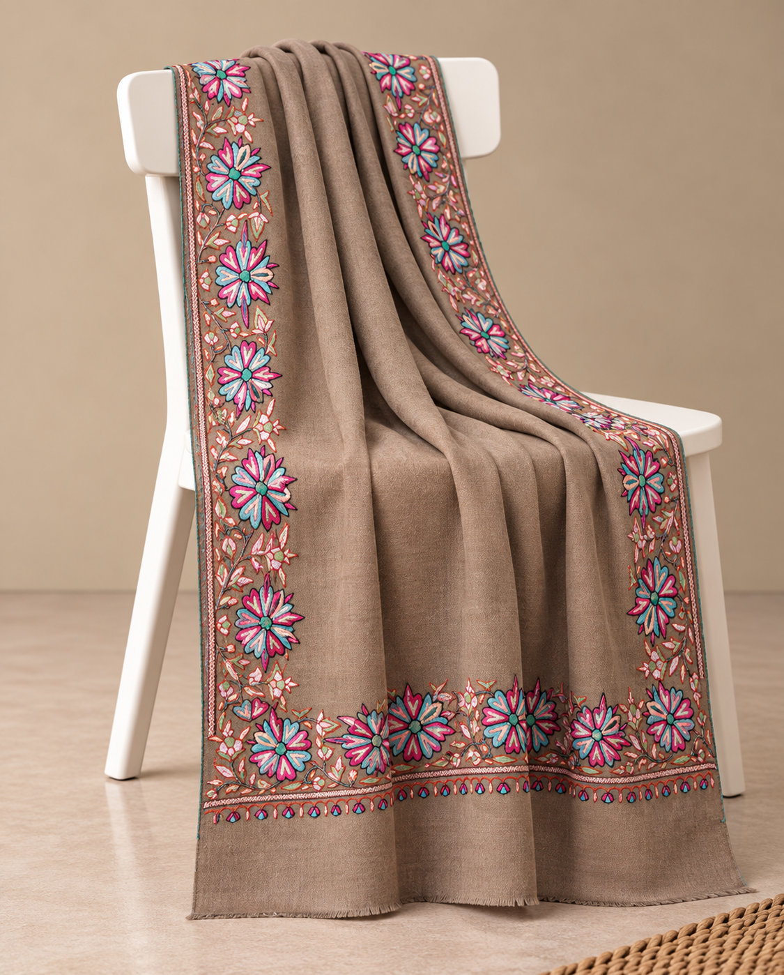 Mocha Brown Pashmina Shawl with Multicolor Floral Embroidered Border