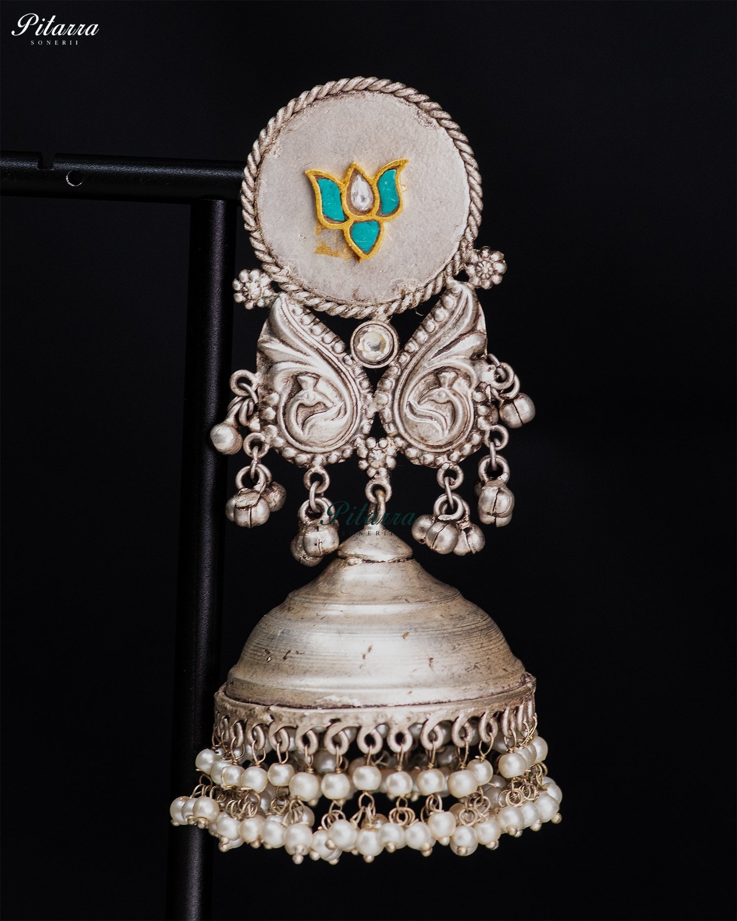 Lotus Motif Silver Look-Alike Pearl Jhumka Earrings