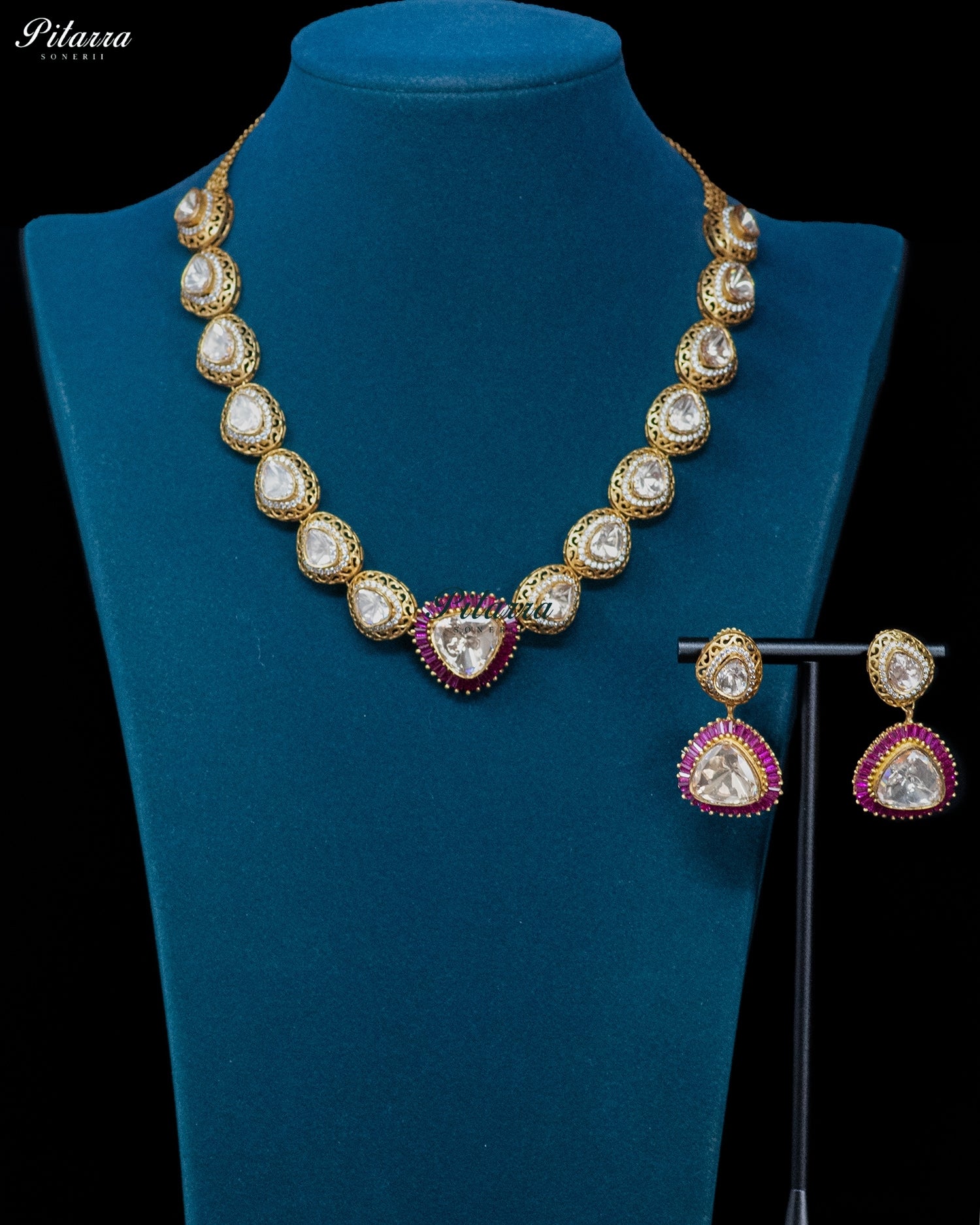 Gold Teardrop Pink Border Necklace Set