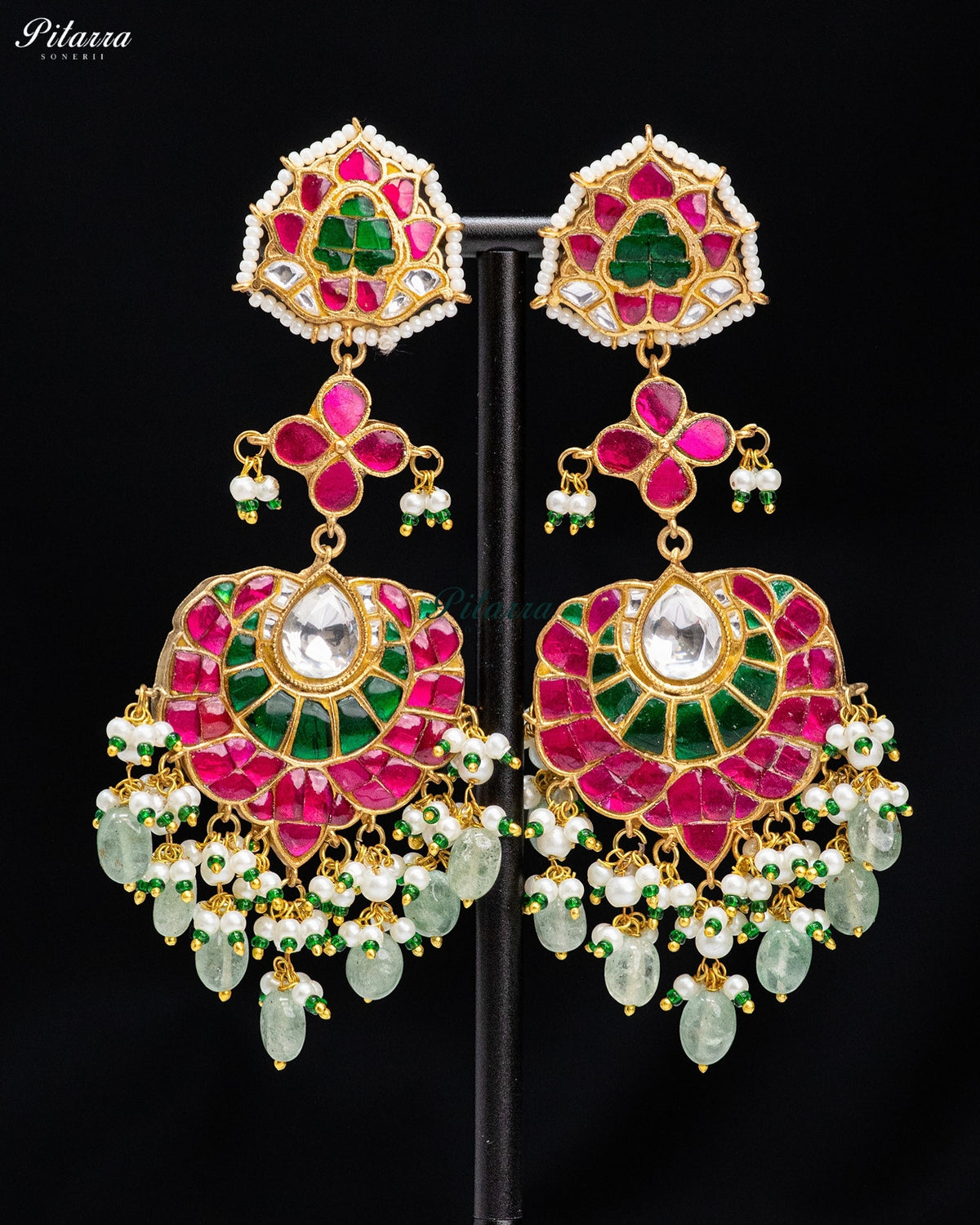 Pink Green Kundan Chandbali Drop Earrings