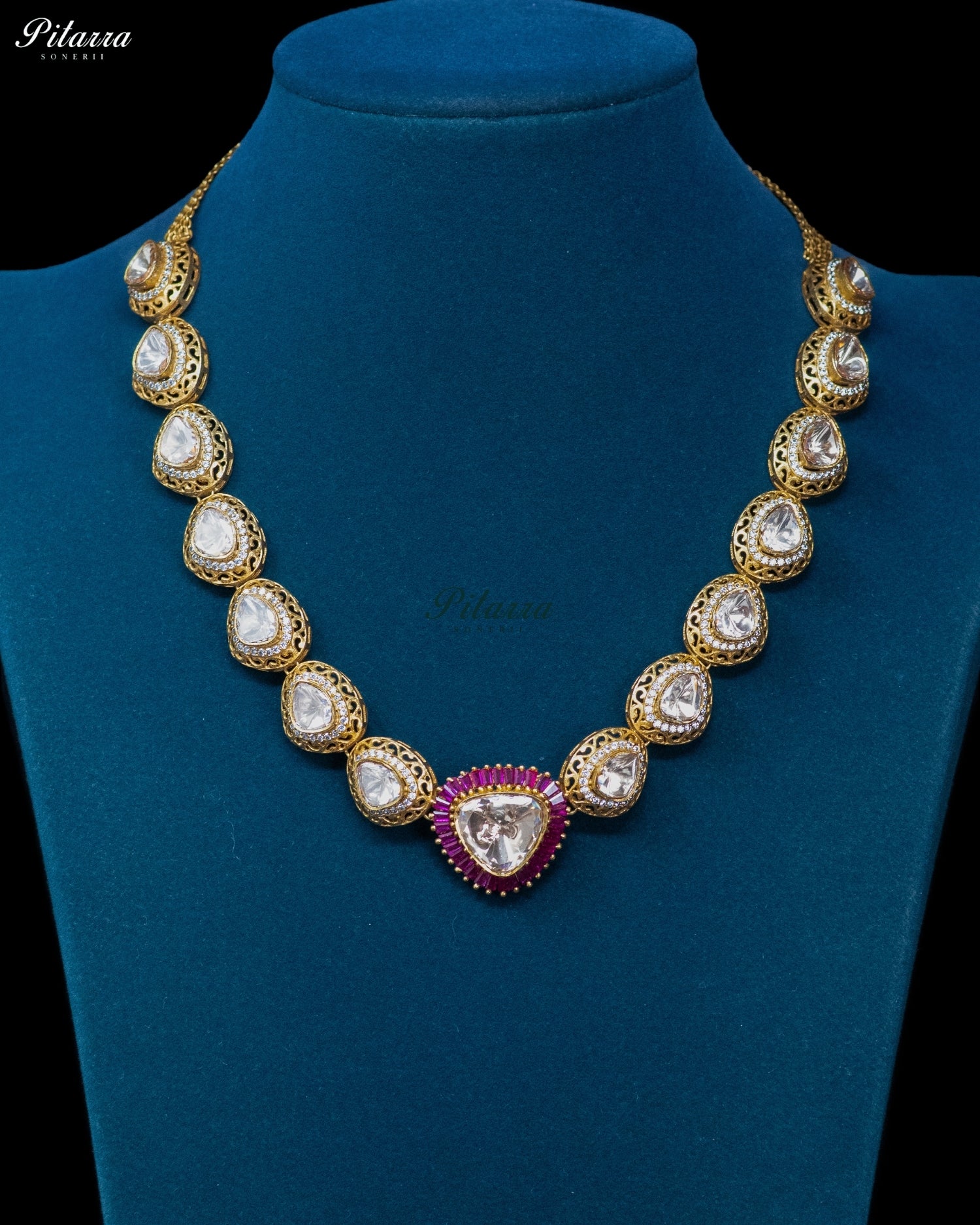 Gold Teardrop Pink Border Necklace Set