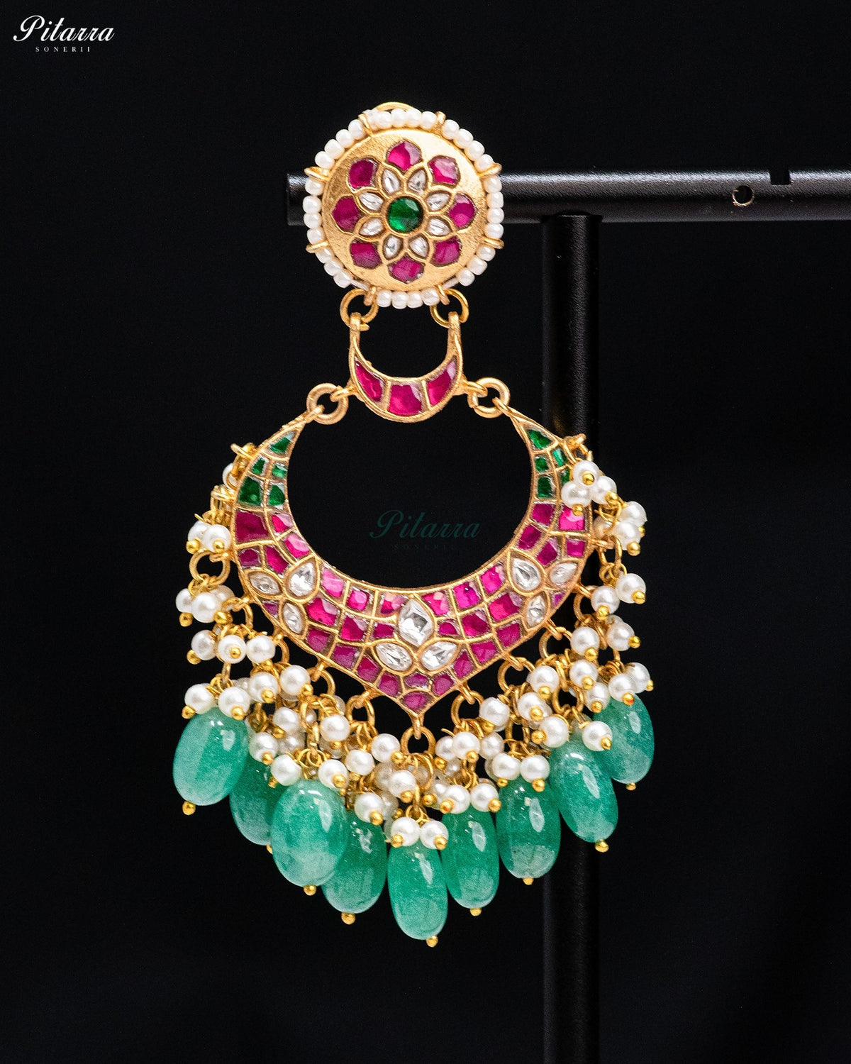 Pink Green Pearl Kundan Chandbali Earrings