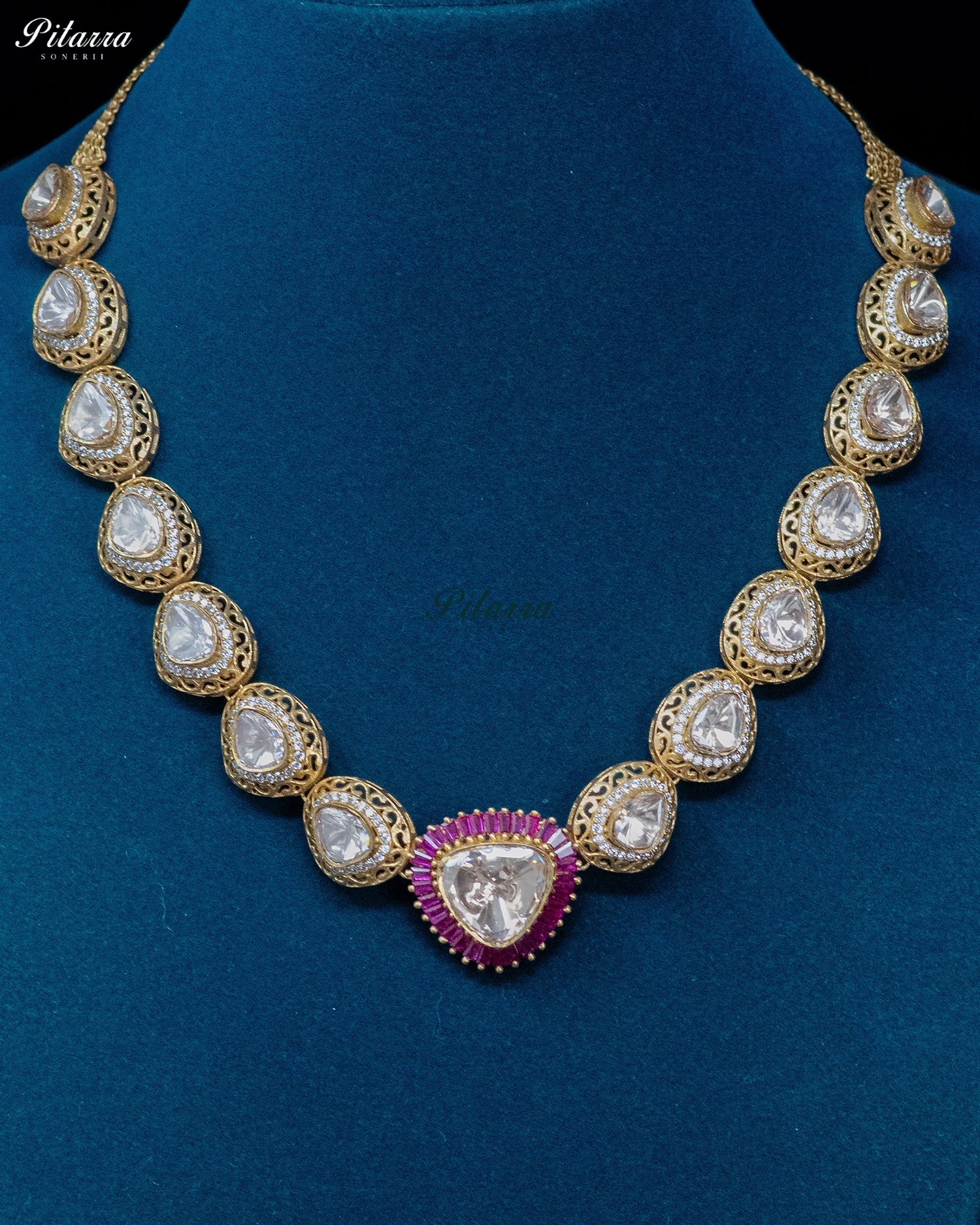 Gold Teardrop Pink Border Necklace Set